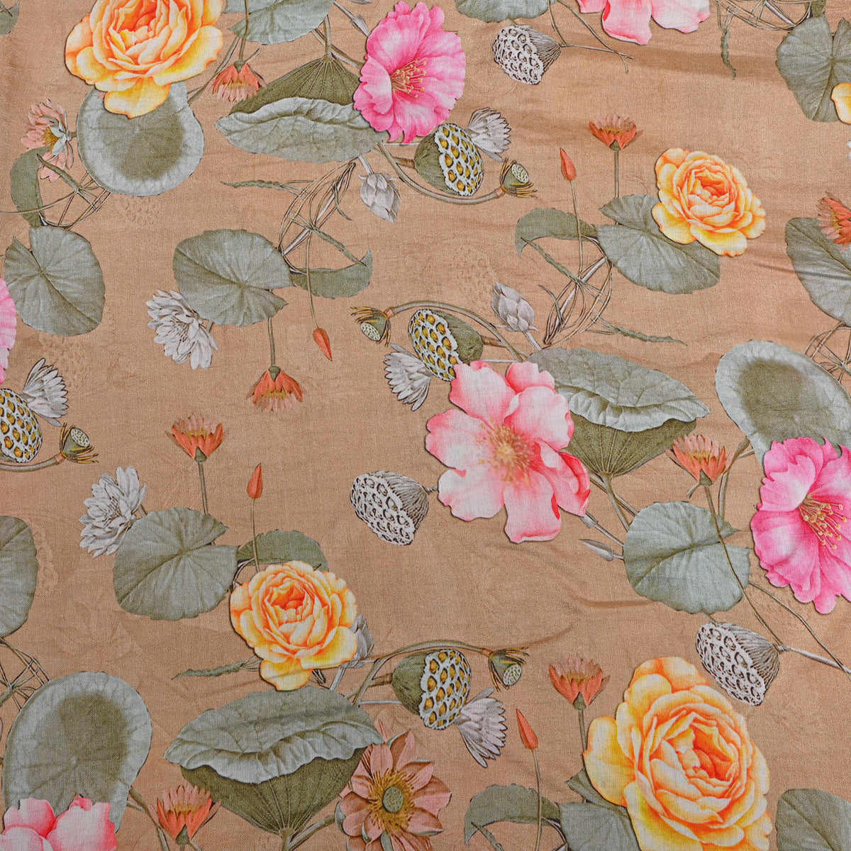 Biscuit Beige Lotus Floral Print Satin Fabric