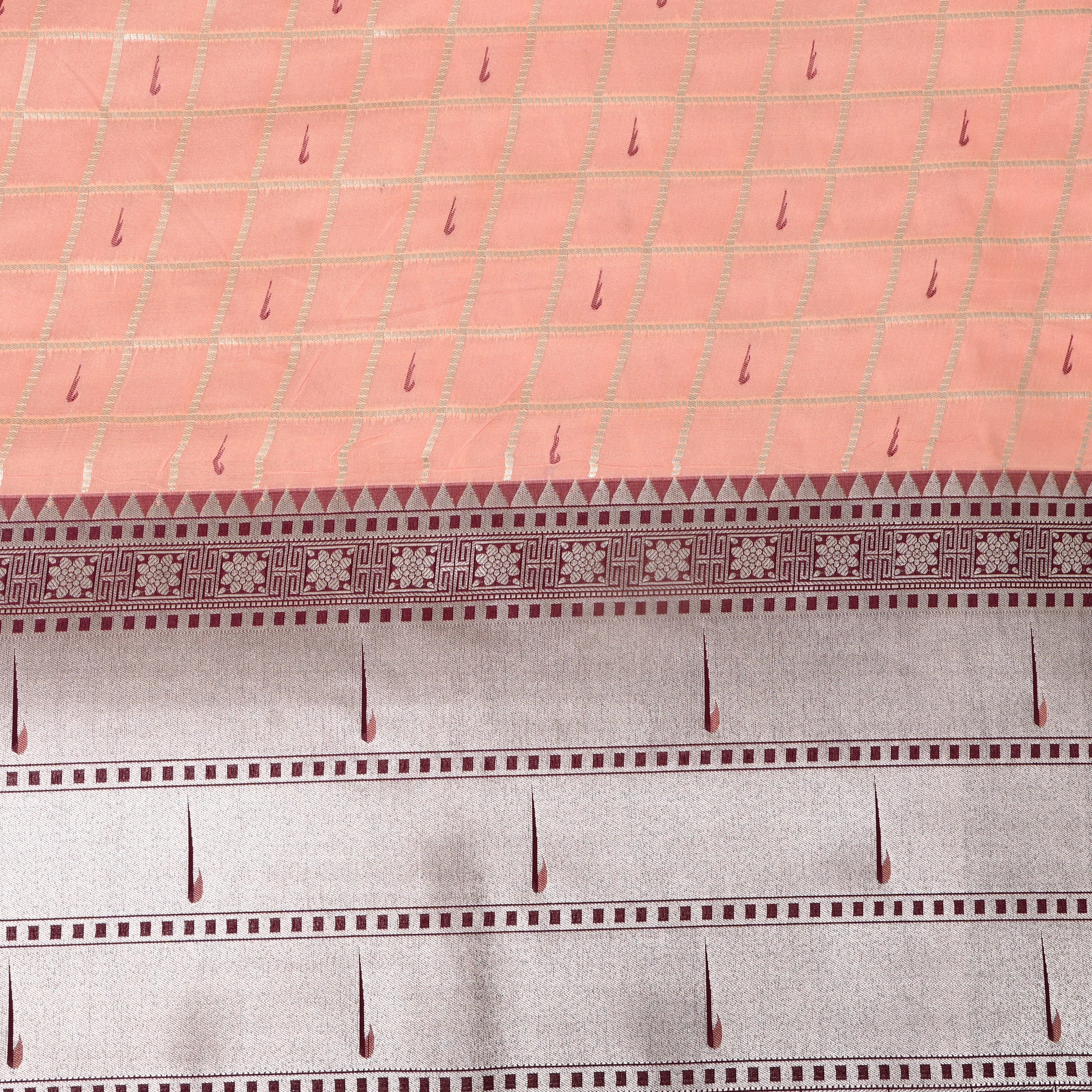 Peach Maroon Triple Munya Temple Border Jamawar Fabric