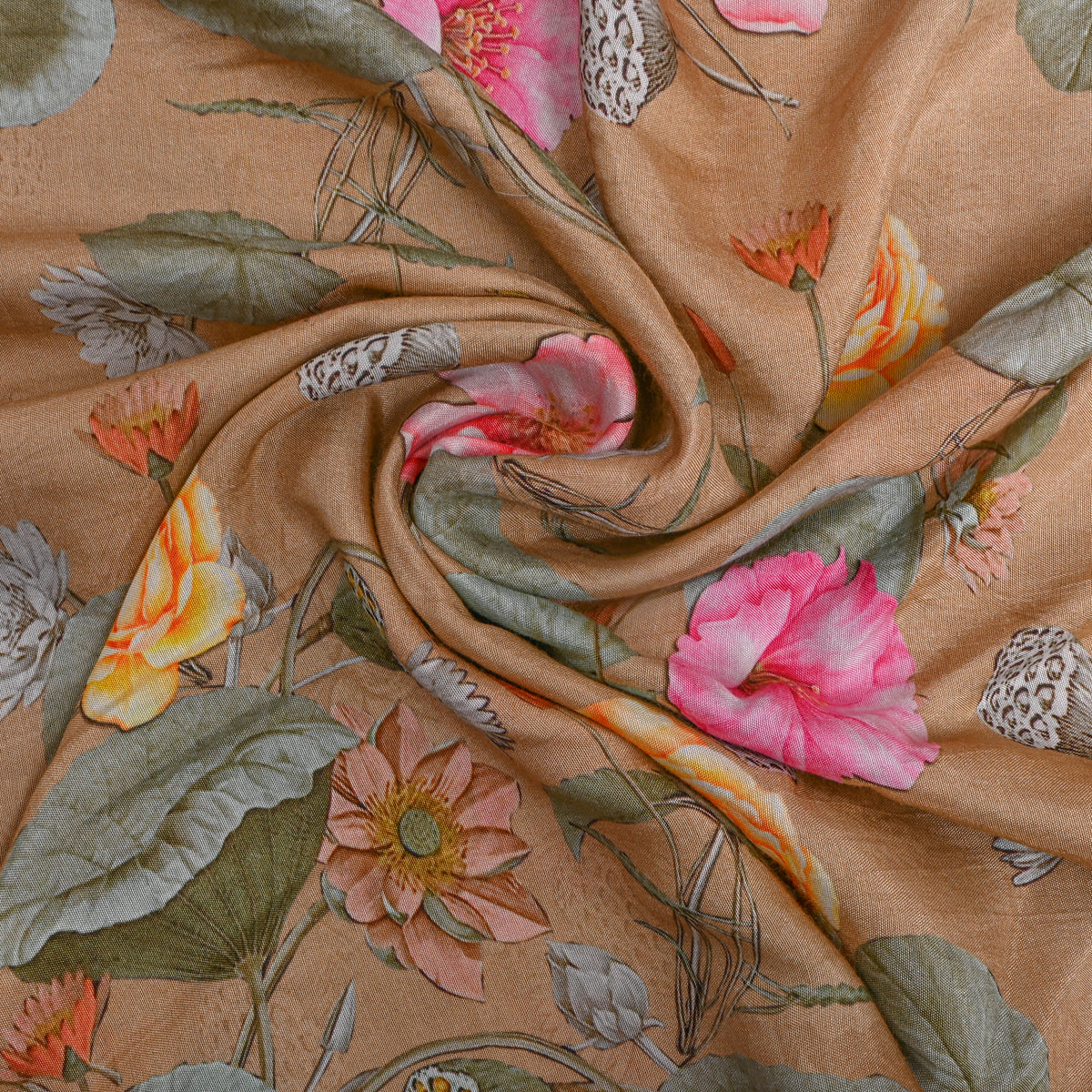 Biscuit Beige Lotus Floral Print Satin Fabric