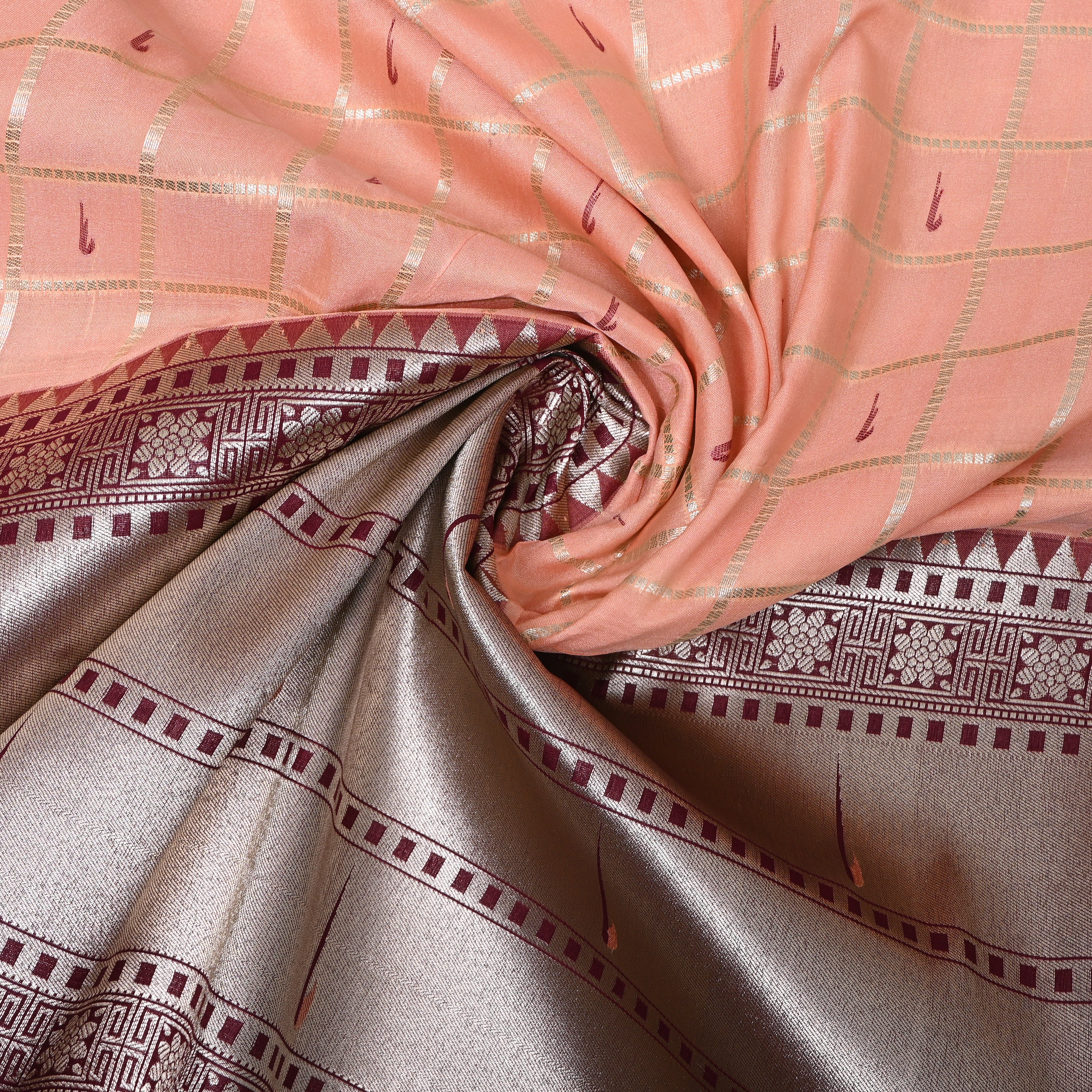 Peach Maroon Triple Munya Temple Border Jamawar Fabric