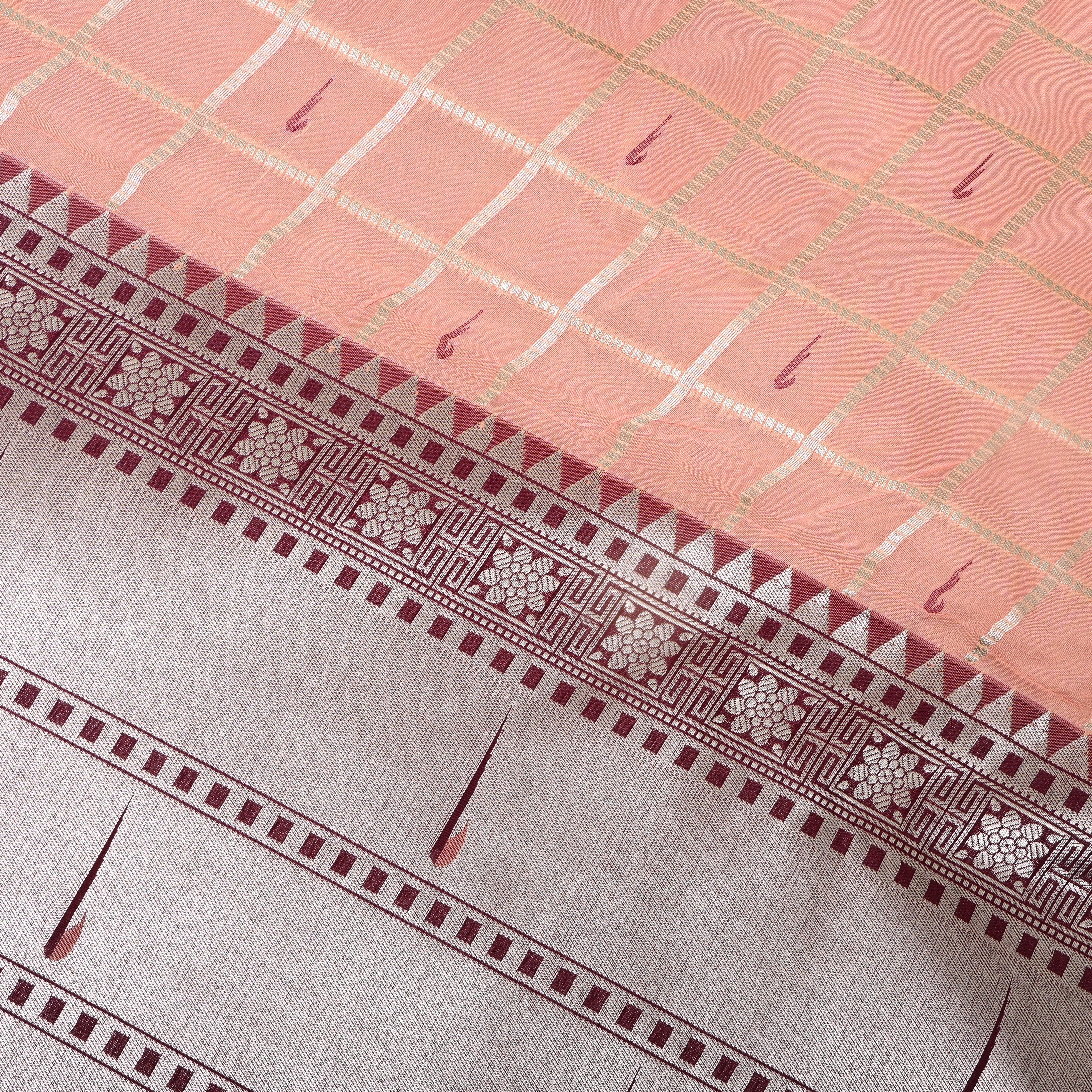 Peach Maroon Triple Munya Temple Border Jamawar Fabric