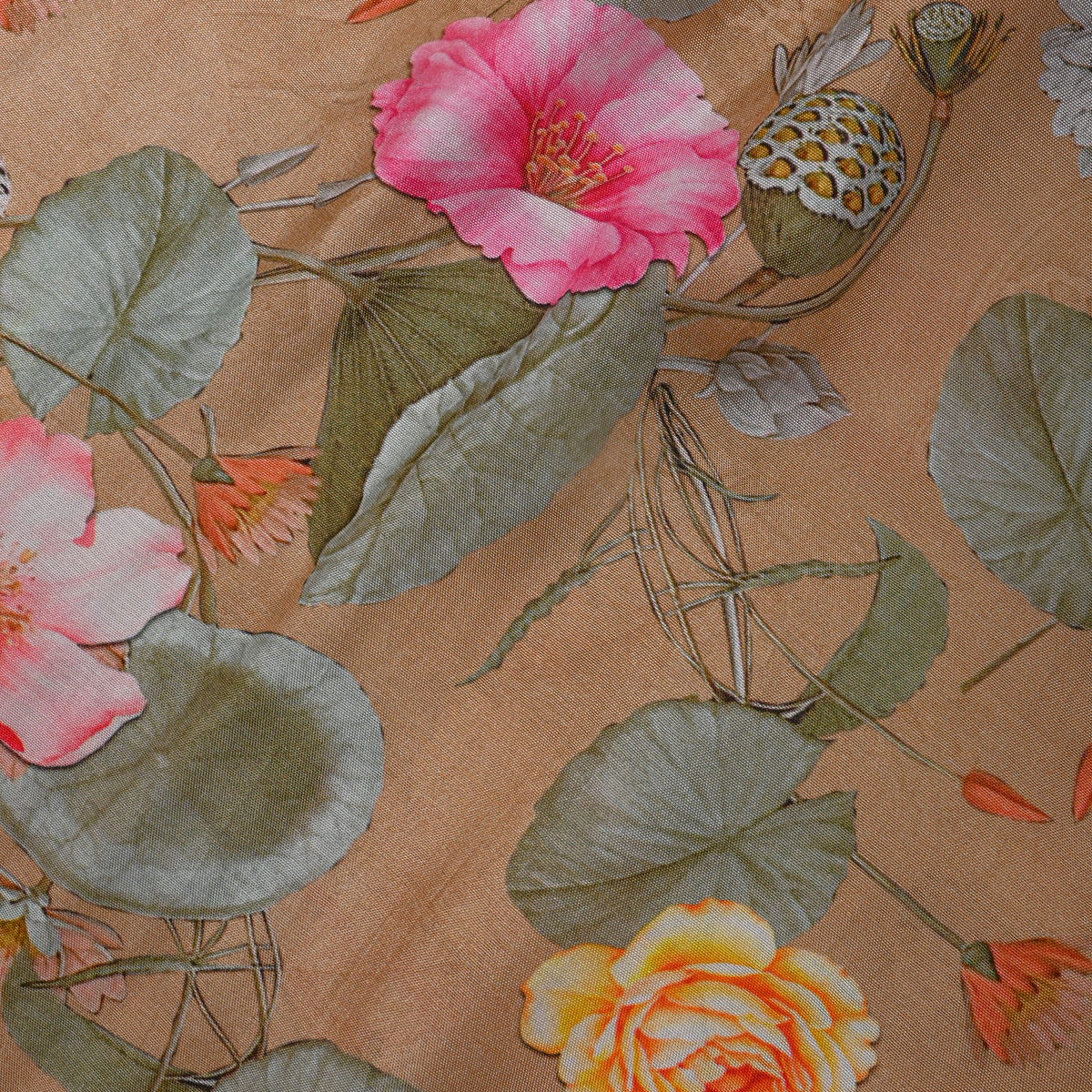 Biscuit Beige Lotus Floral Print Satin Fabric