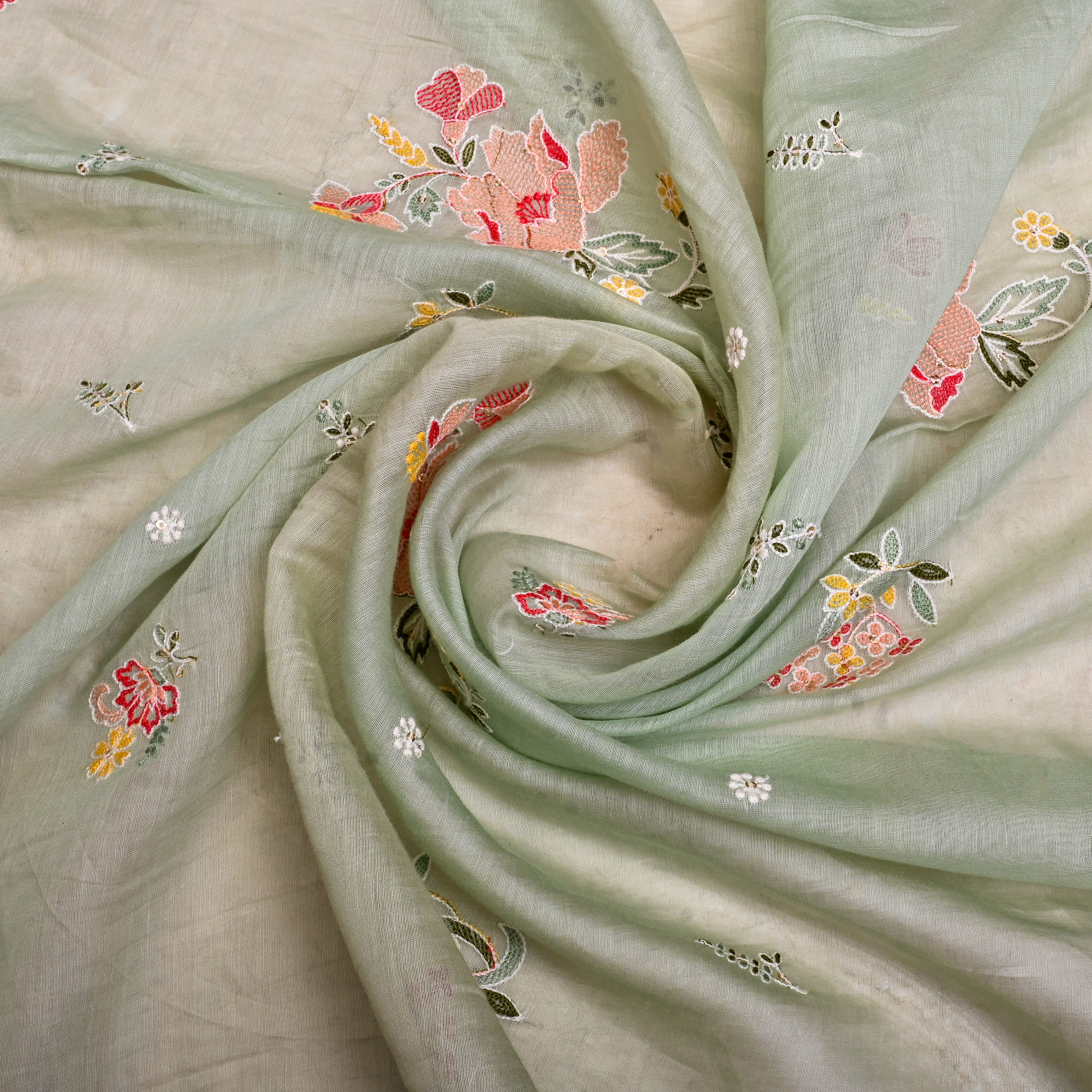 Dark Sea Green Chanderi Fabric With Embroidery