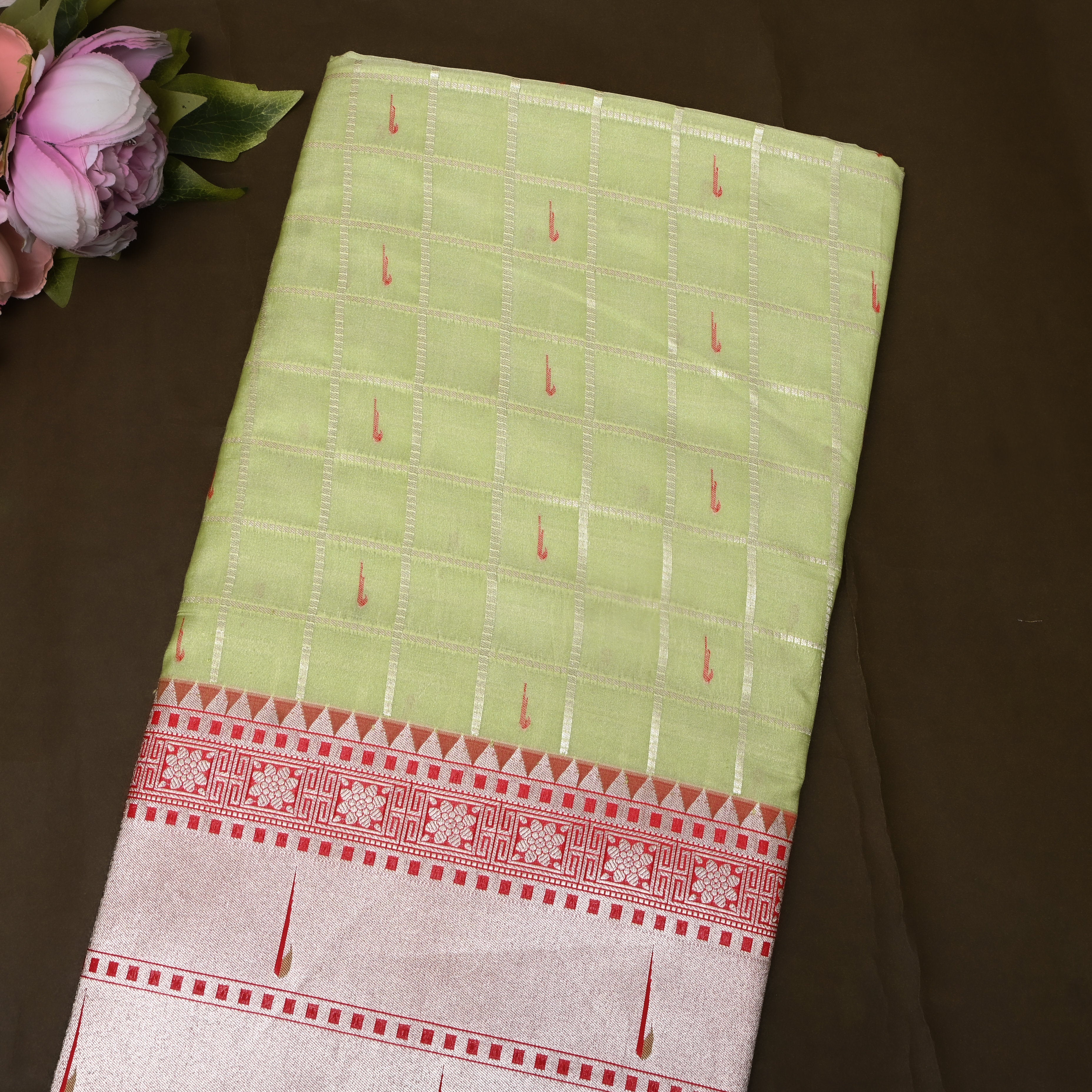 Pista Green Red Triple Munya Temple Border Jamawar Fabric
