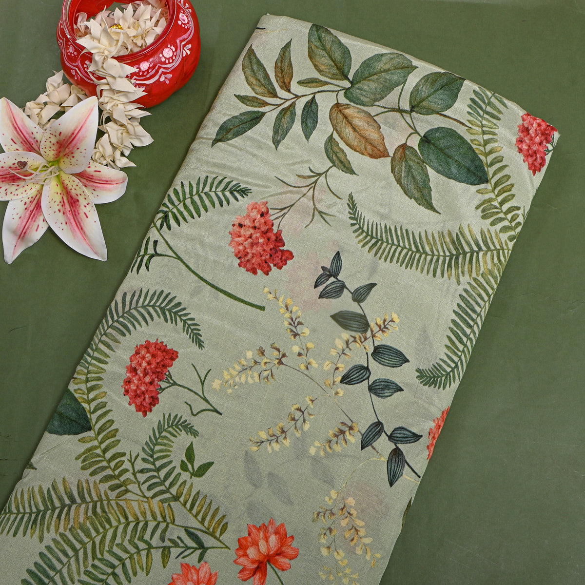 Pistachio Green Fern And Floral Botanical Printed Silk Fabric