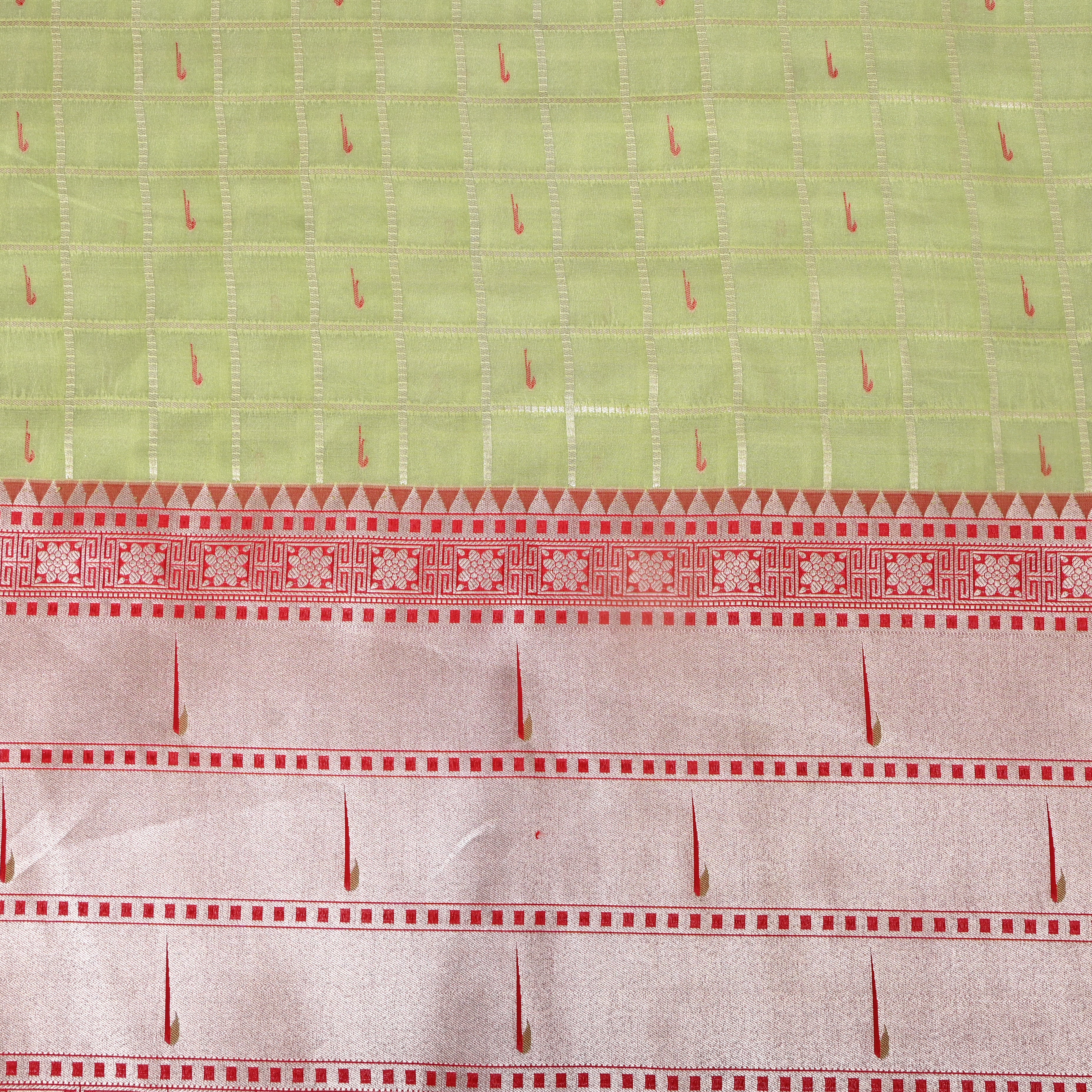 Pista Green Red Triple Munya Temple Border Jamawar Fabric