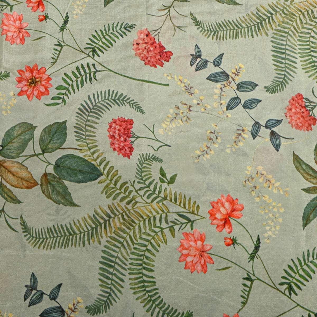 Pistachio Green Fern And Floral Botanical Printed Silk Fabric