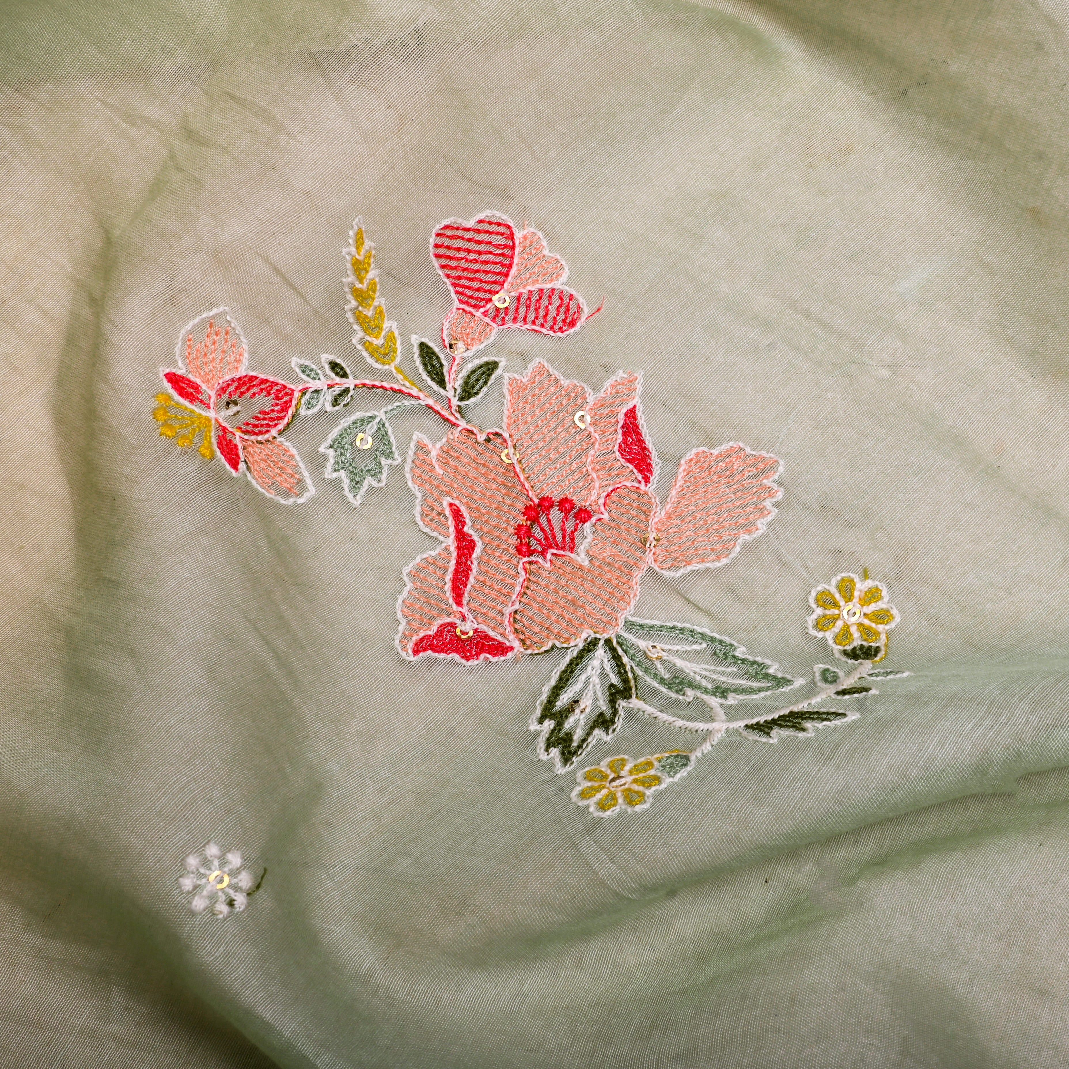 Dark Sea Green Chanderi Fabric With Embroidery