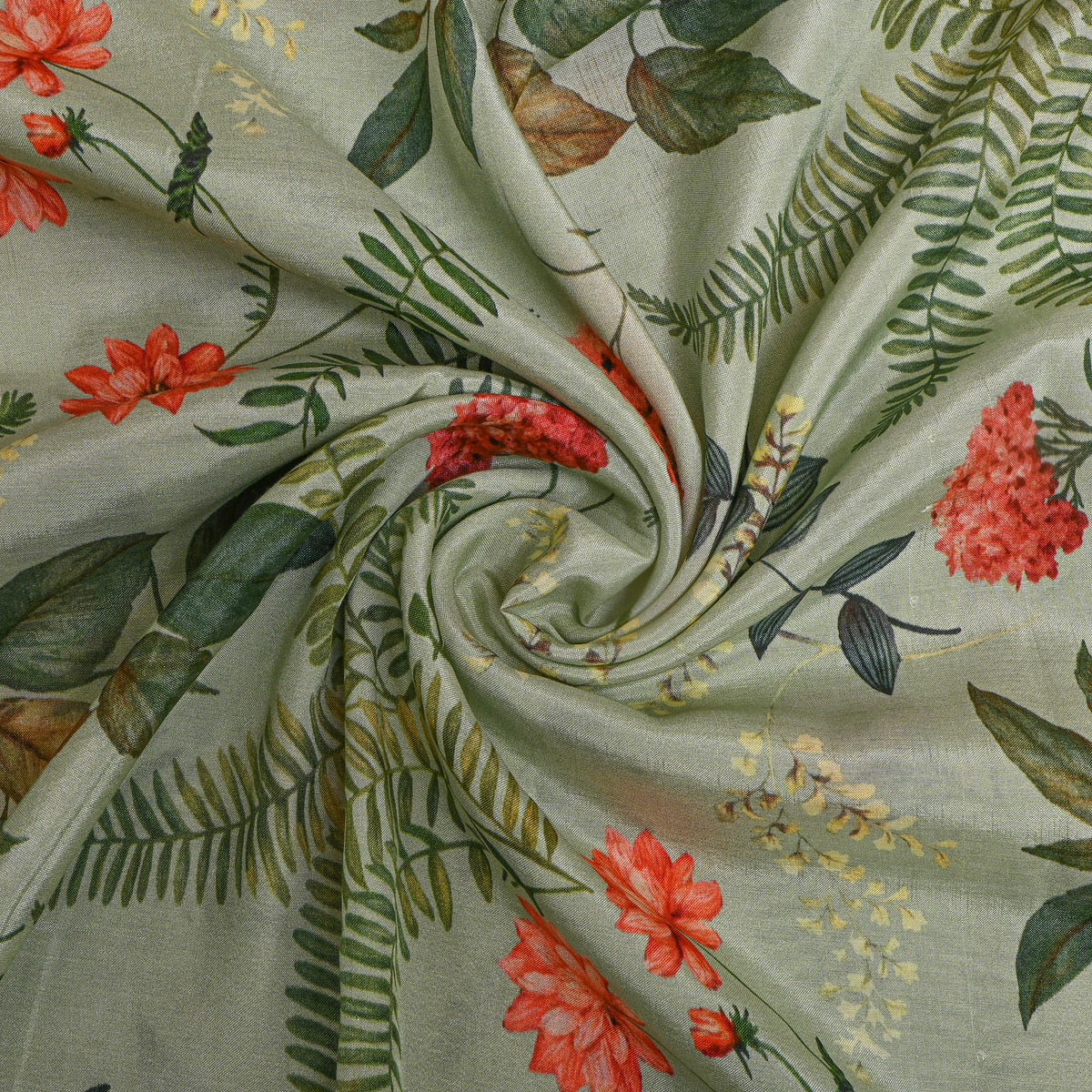 Pistachio Green Fern And Floral Botanical Printed Silk Fabric