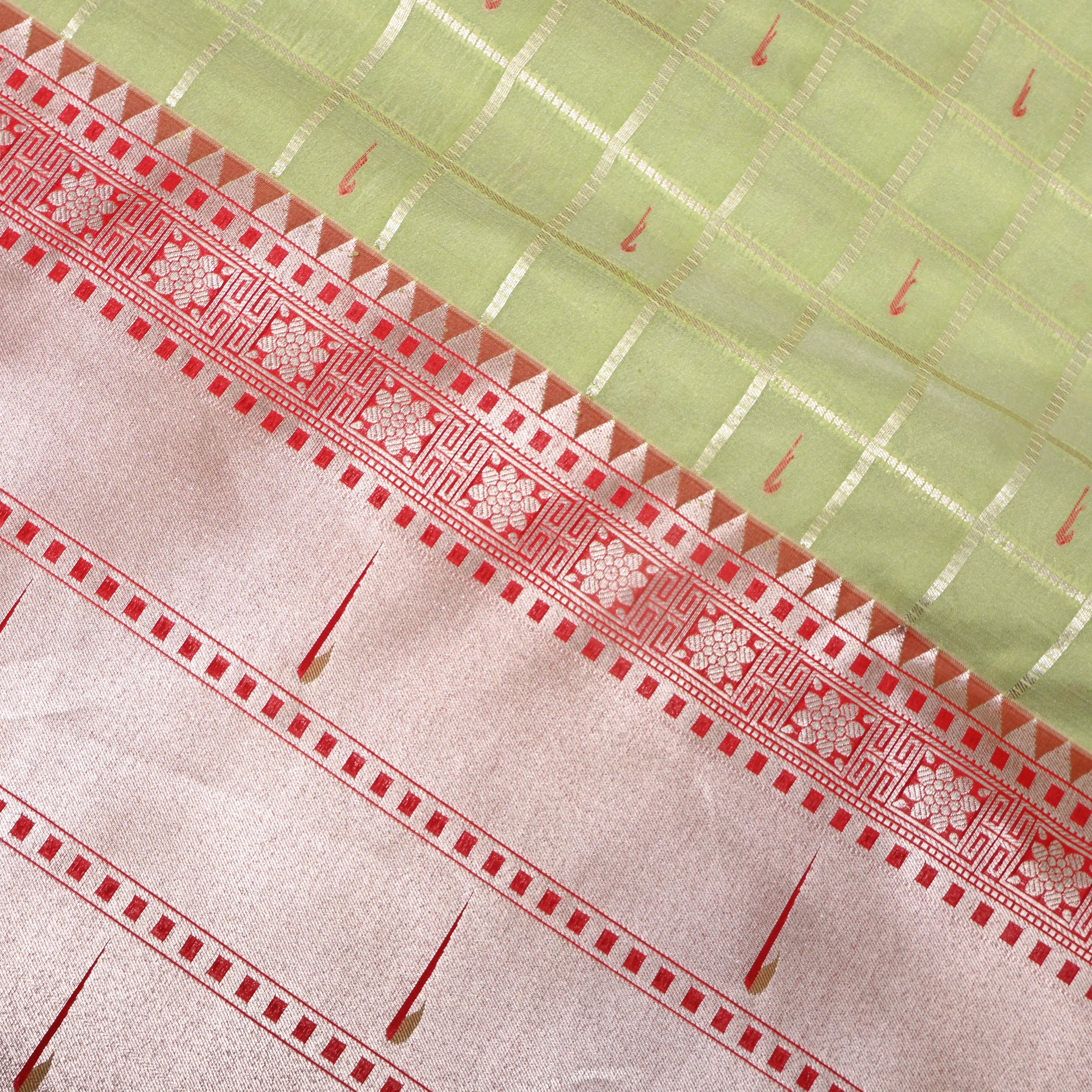 Pista Green Red Triple Munya Temple Border Jamawar Fabric