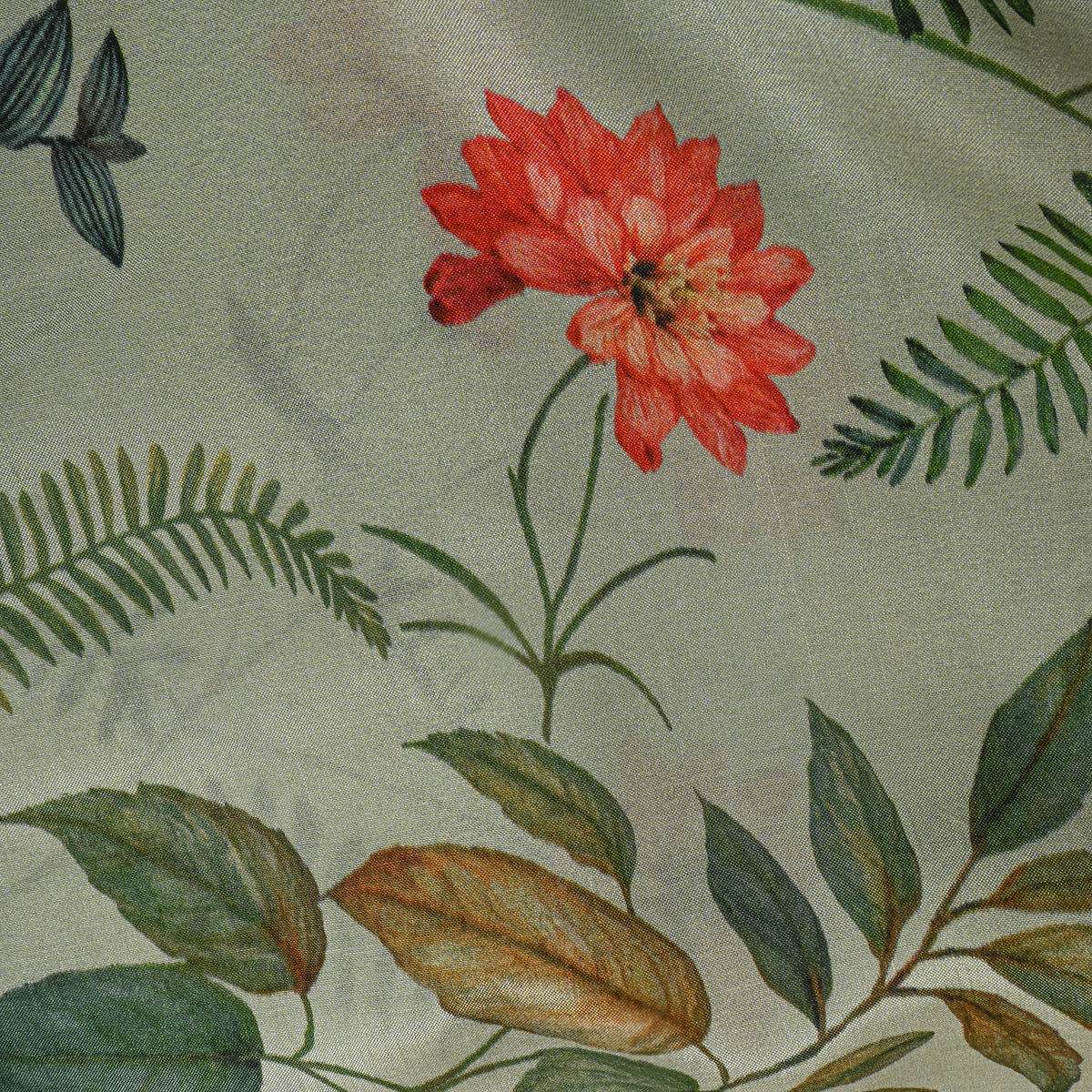 Pistachio Green Fern And Floral Botanical Printed Silk Fabric