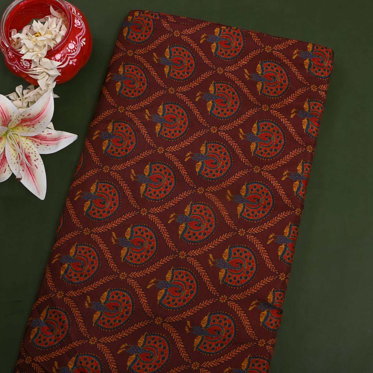 Cocoa Brown Peacock Trellis Print Silk Fabric