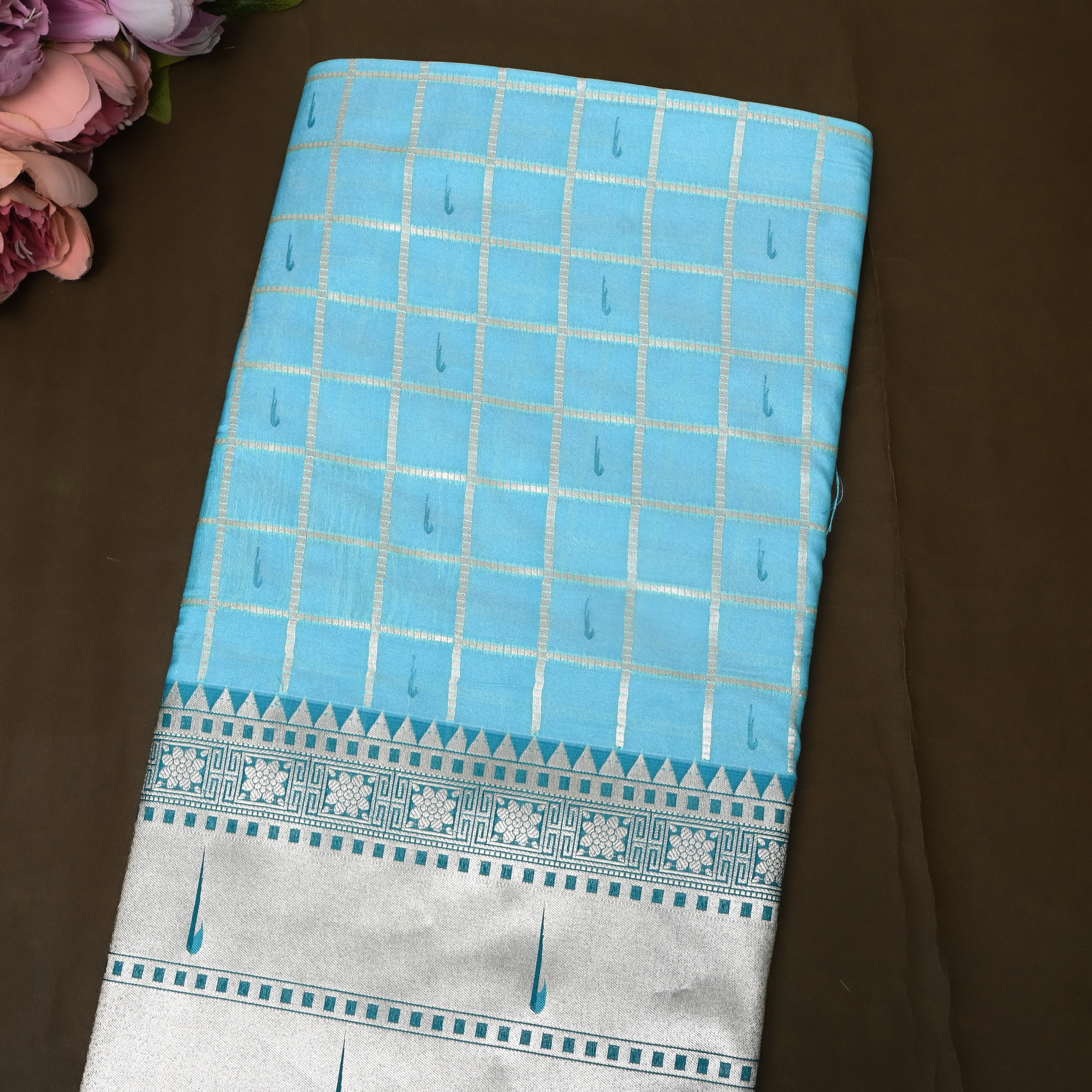 Sky Blue Teal Triple Munya Temple Border Jamawar Fabric