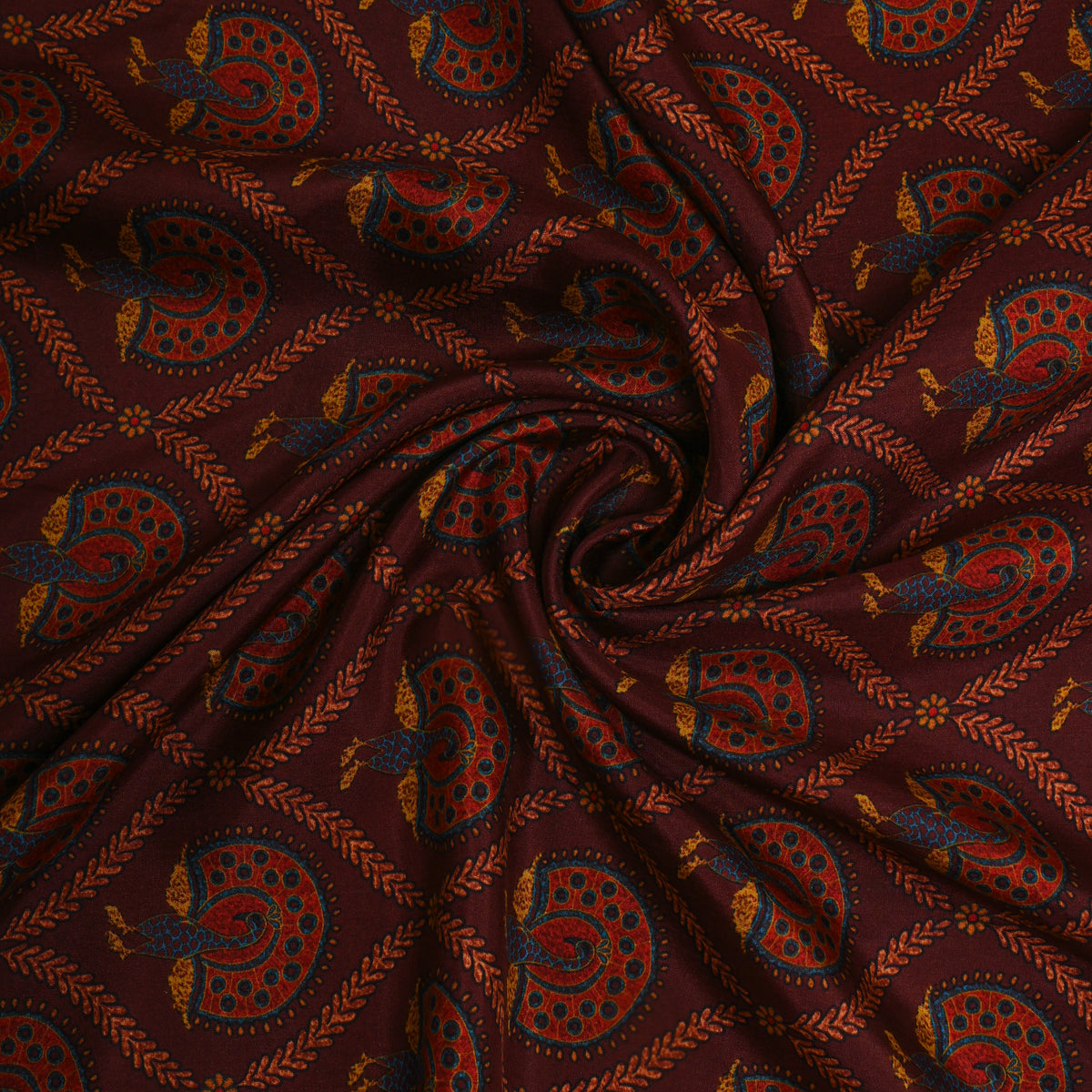 Cocoa Brown Peacock Trellis Print Silk Fabric