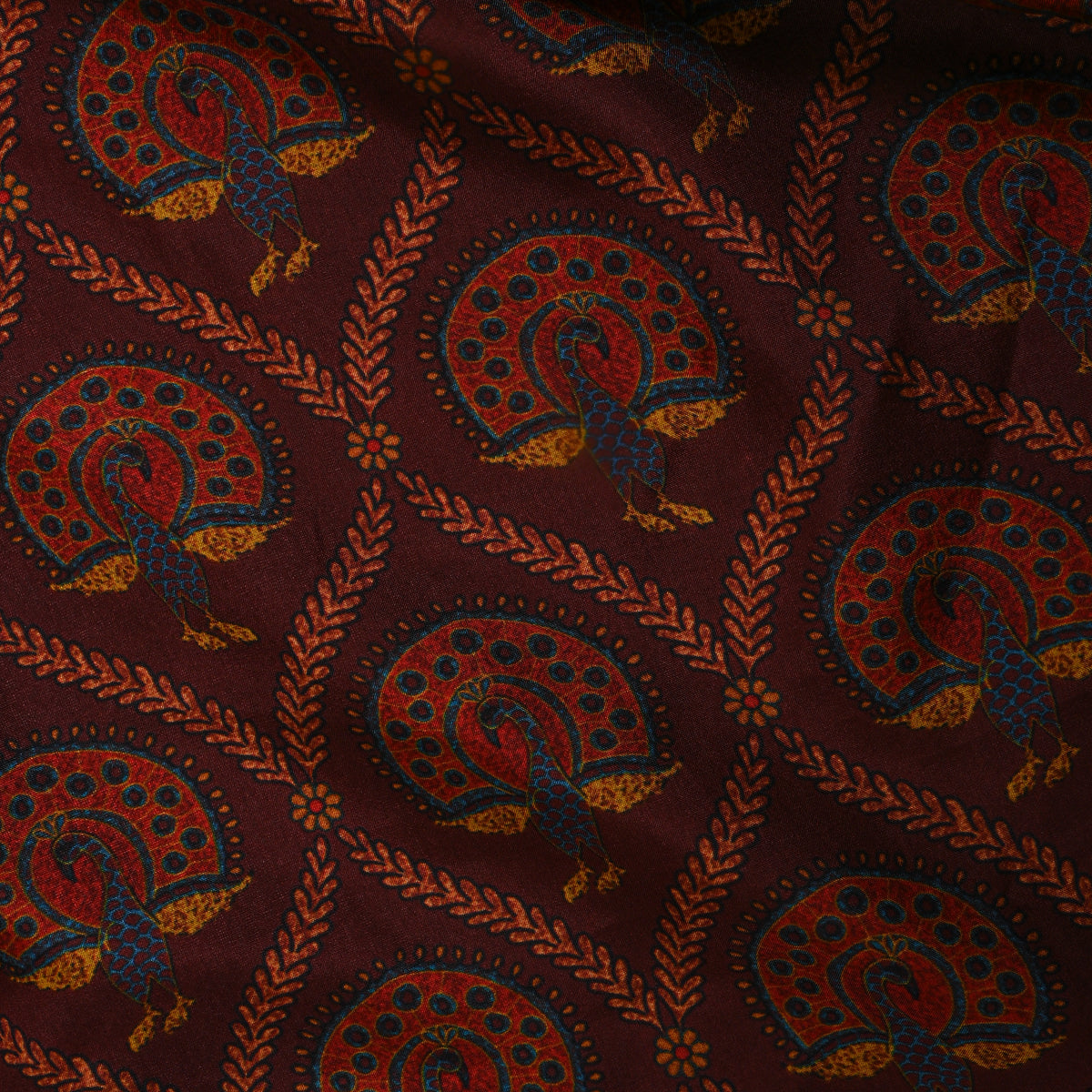Cocoa Brown Peacock Trellis Print Silk Fabric