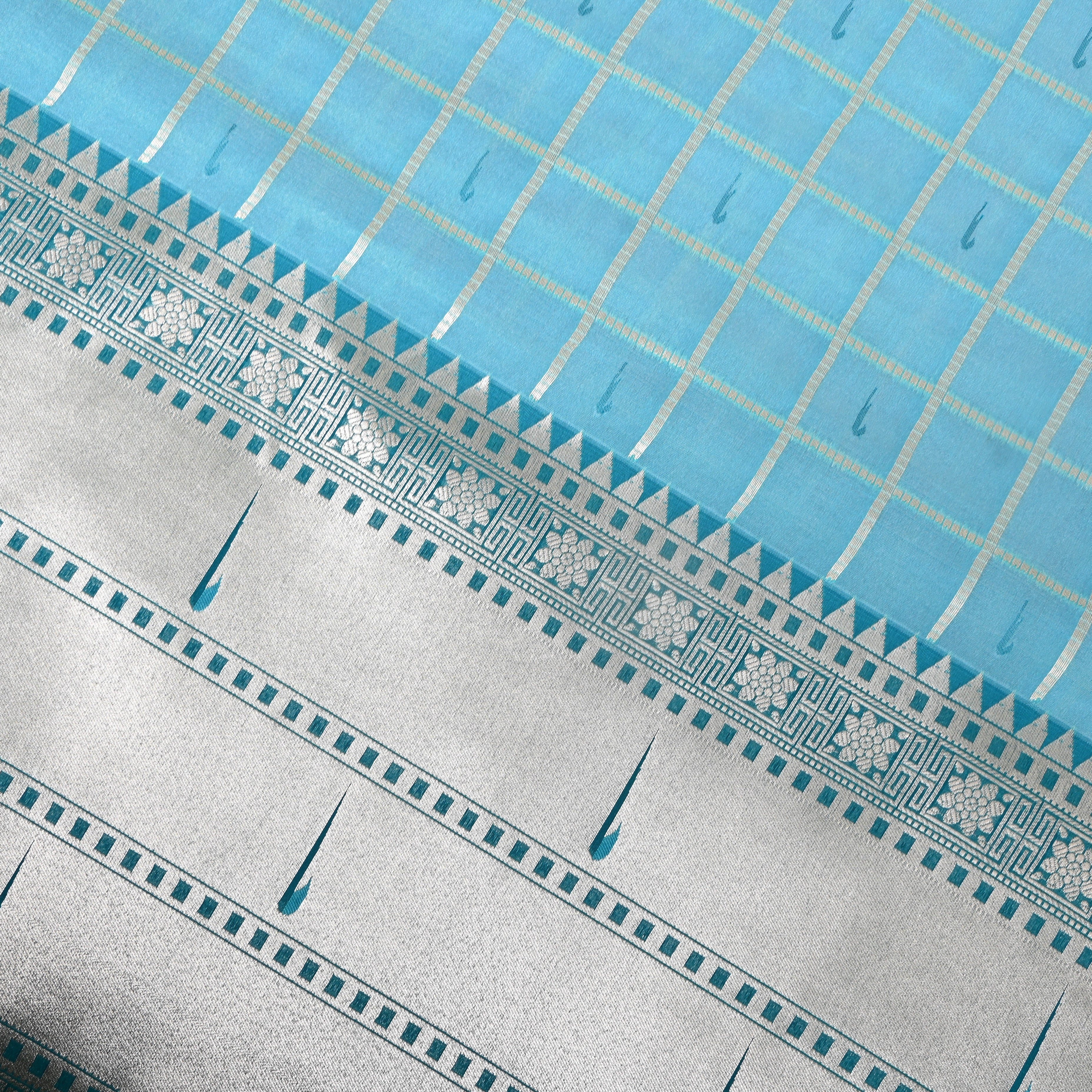 Sky Blue Teal Triple Munya Temple Border Jamawar Fabric