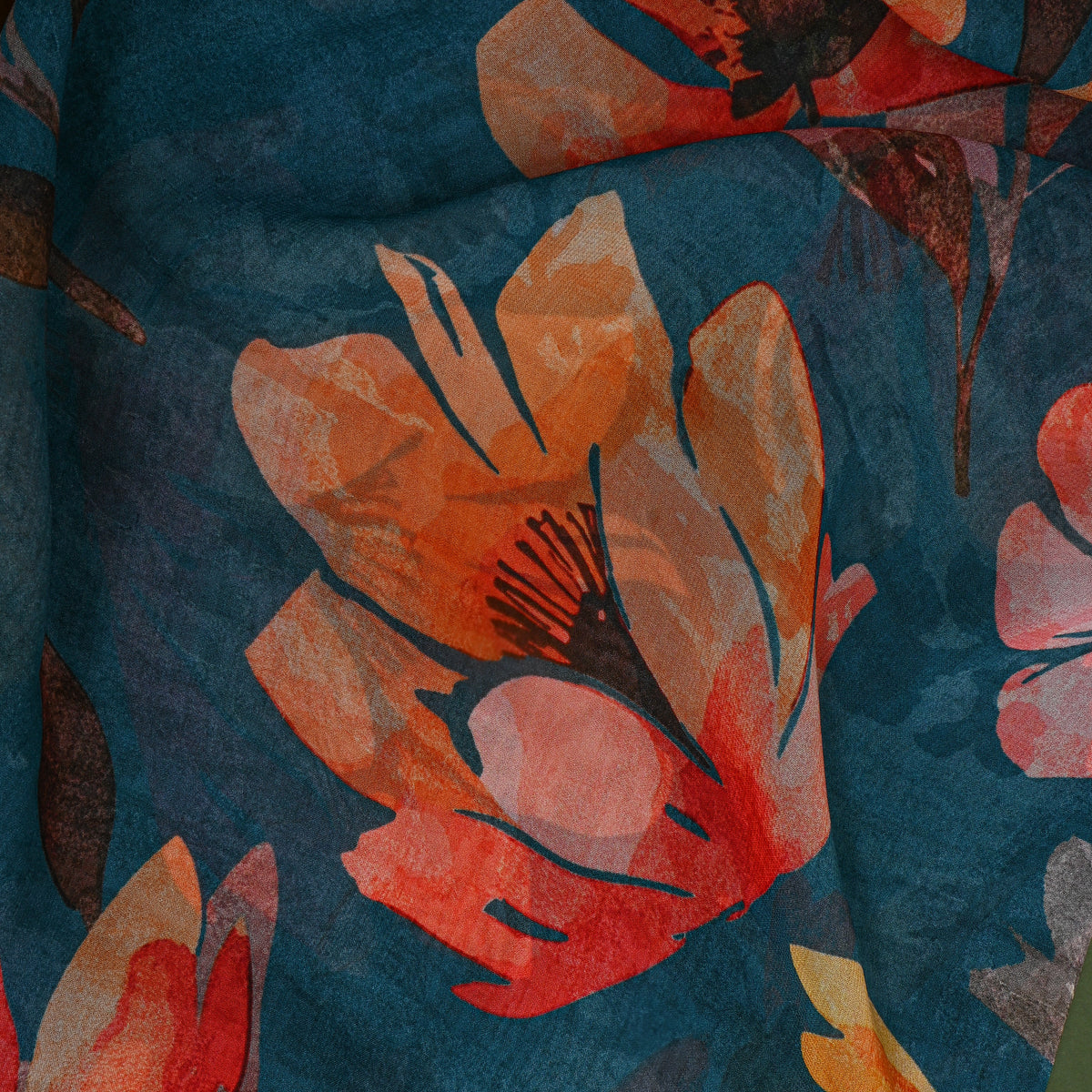 Petrol Blue Falling Bloom Print Chiffon Fabric