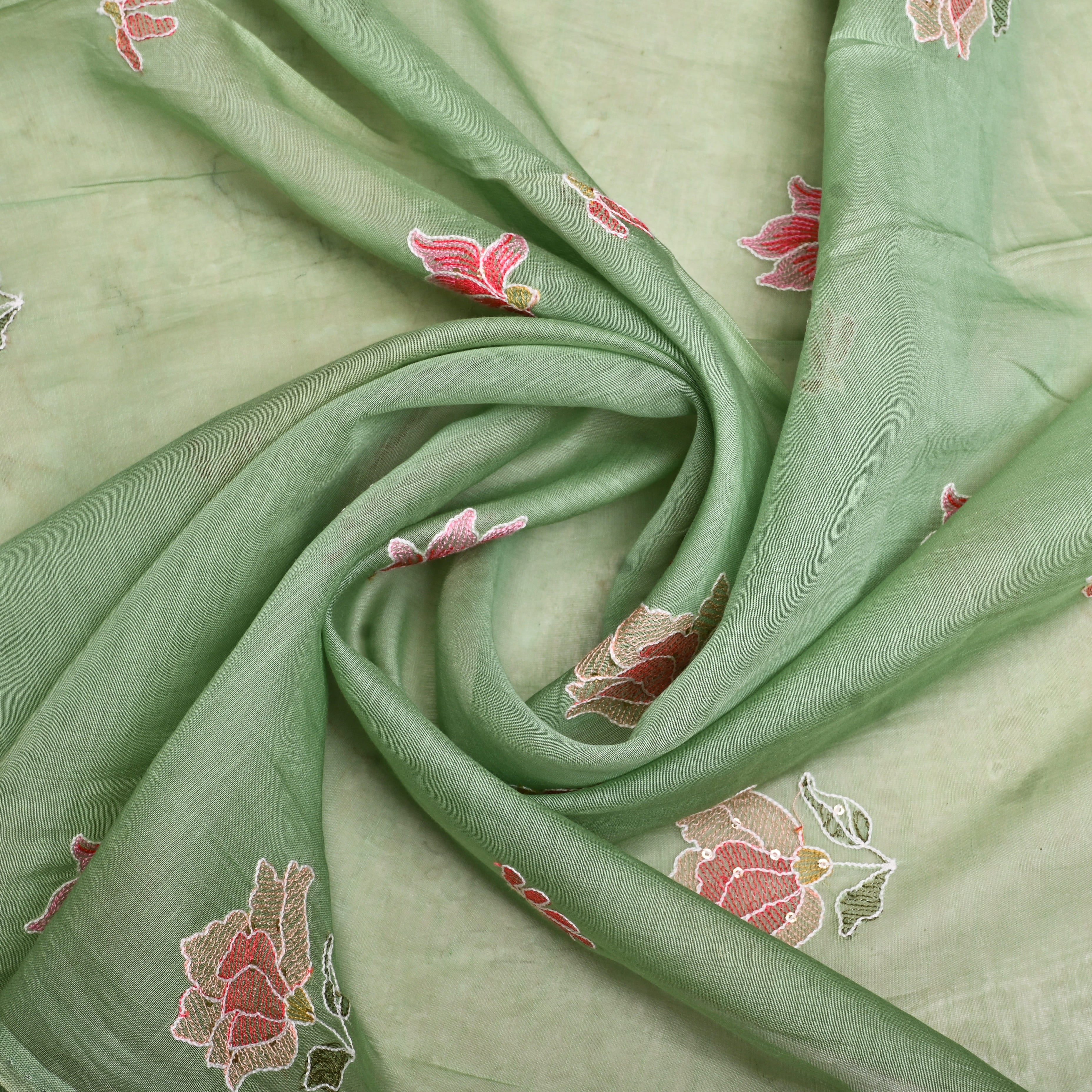 Pista Green Mulchanderi Fabric Thread Embroidery