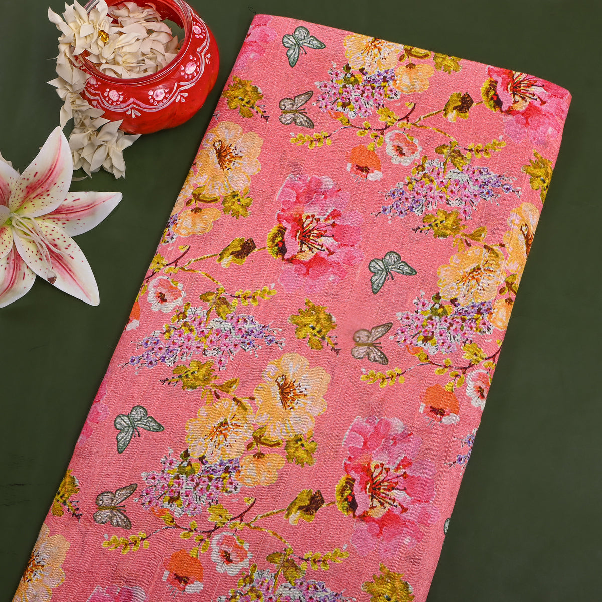 Blush Pink Floral Digital Print Silk Fabric