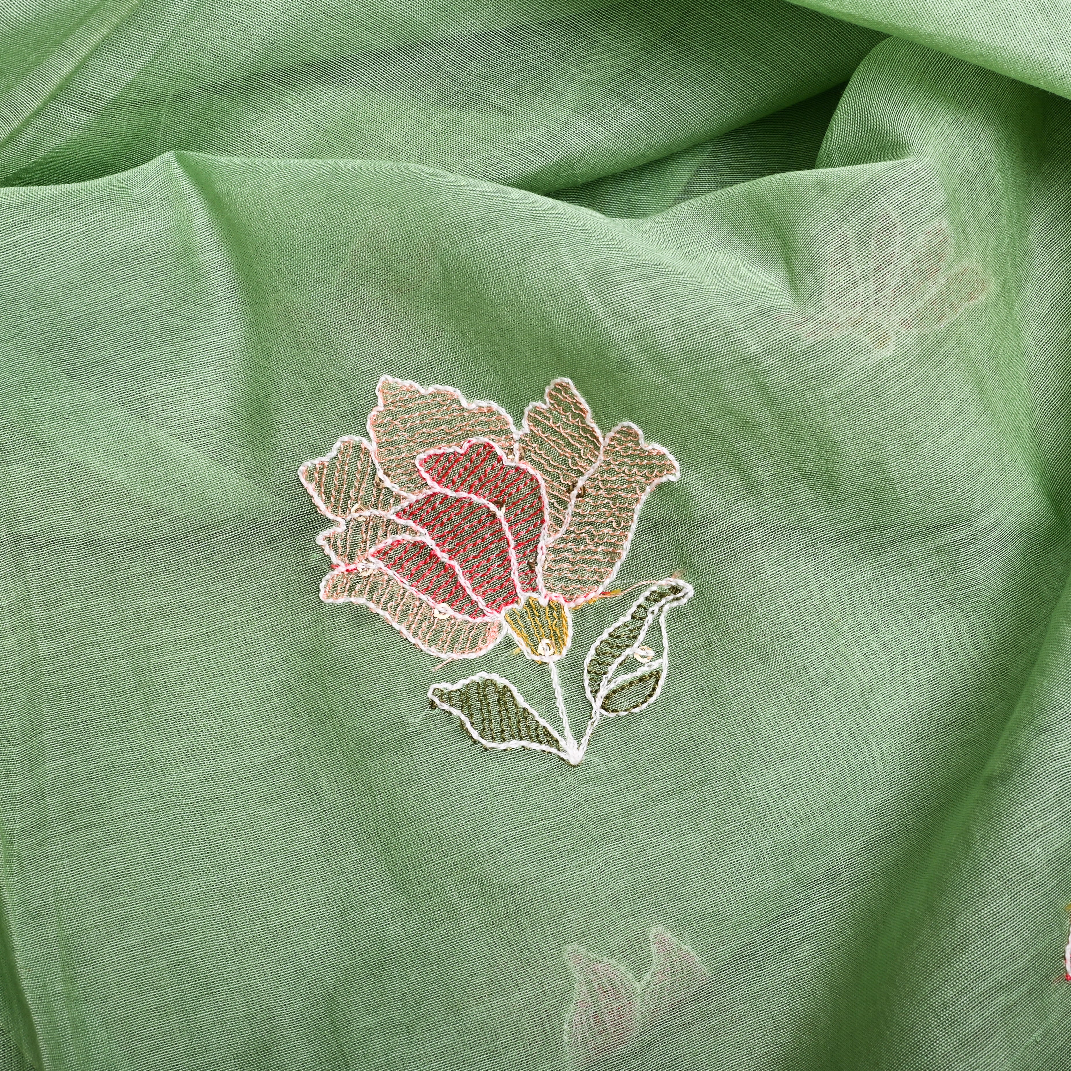 Pista Green Mulchanderi Fabric Thread Embroidery