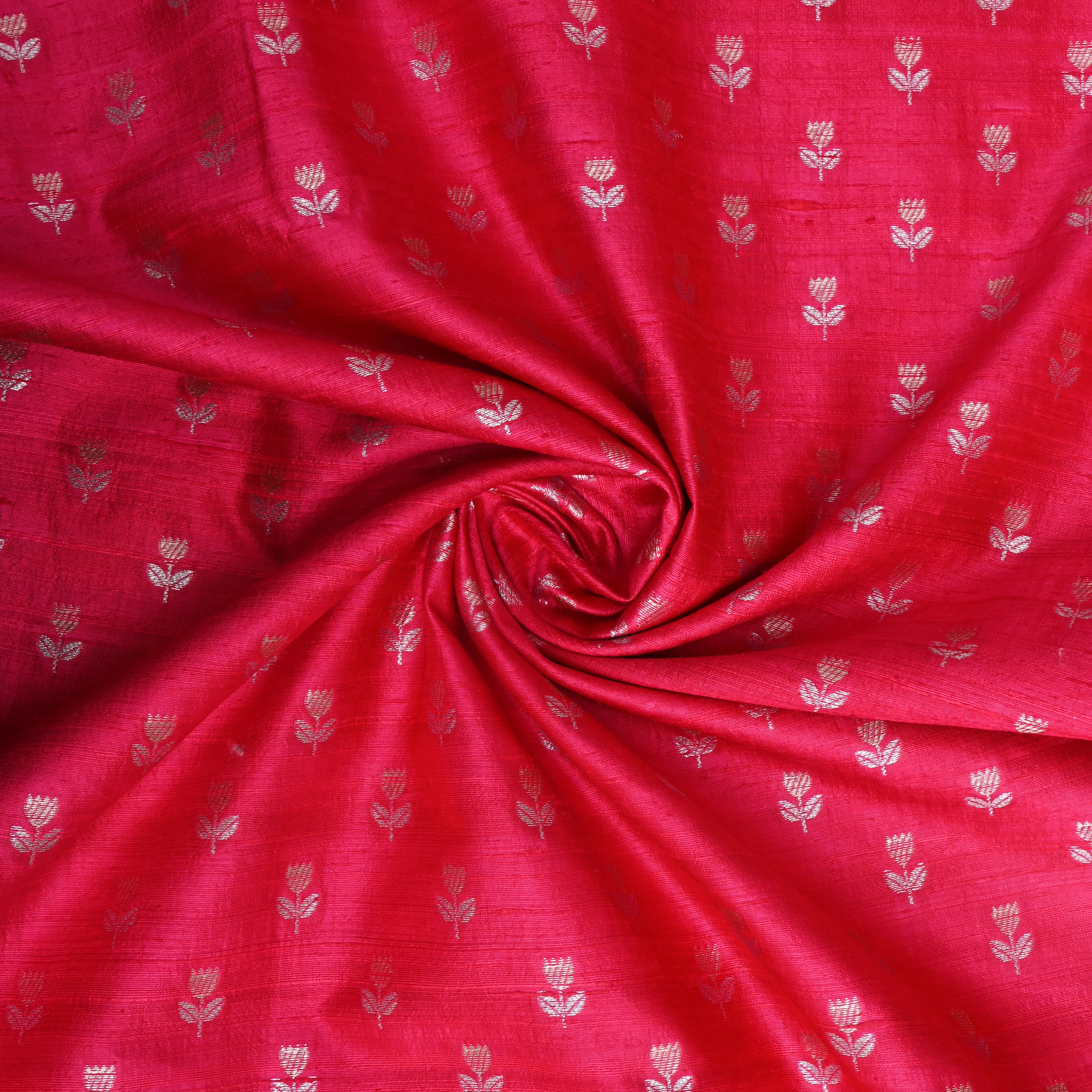 Bright Pink Floral Zari Dupion Silk Fabric