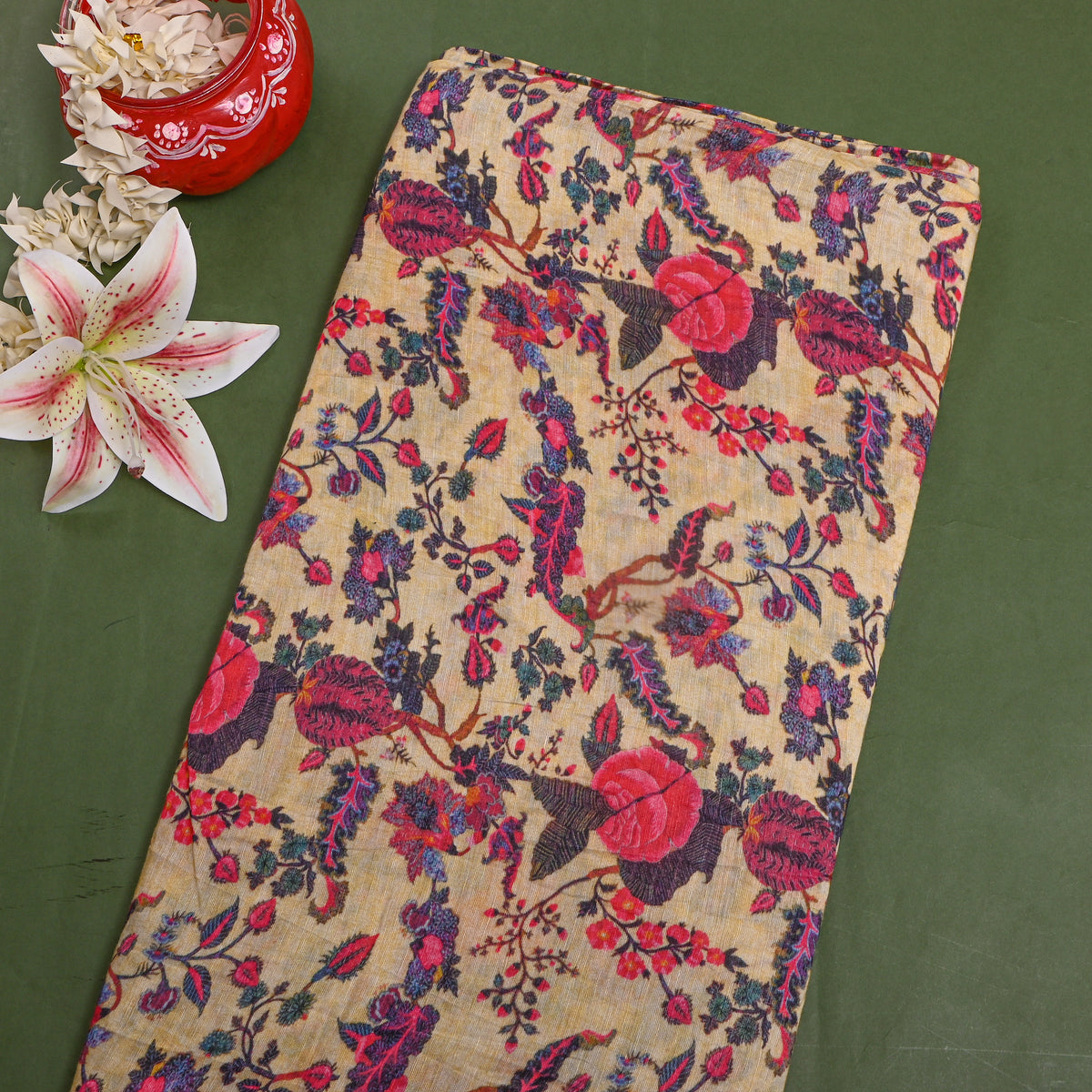 Ivory Linen Floral Jaal Printed Fabric