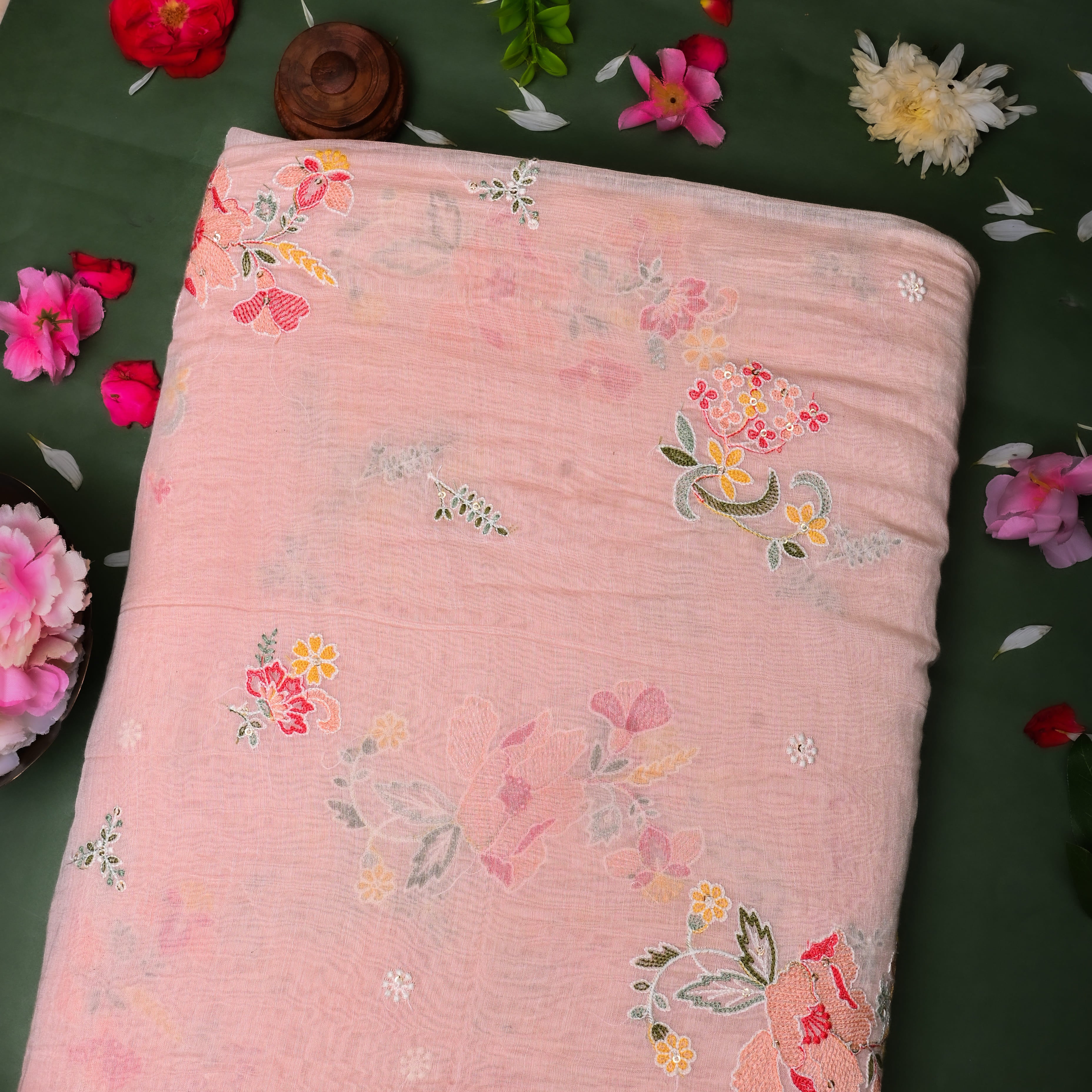 Soft Salmon Pink Chanderi Fabric With Embroidery