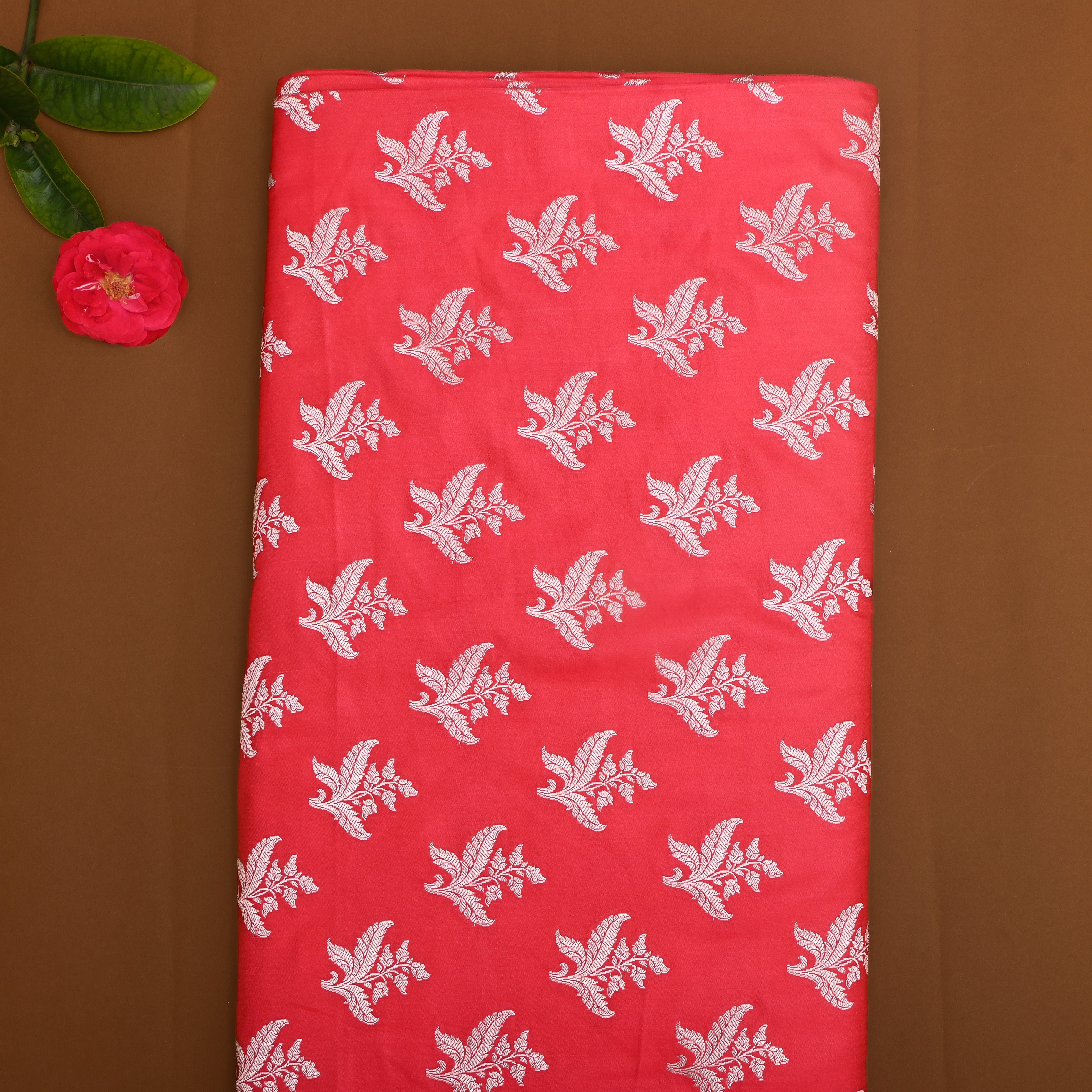 Bright Pink Floral Zari Satin Fabric