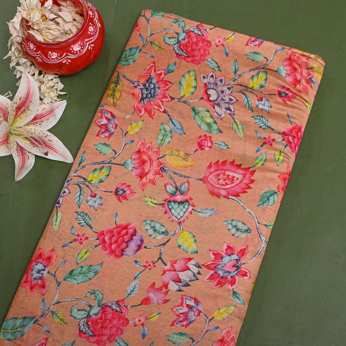Apricot Peach Floral Jaal Print Silk Fabric