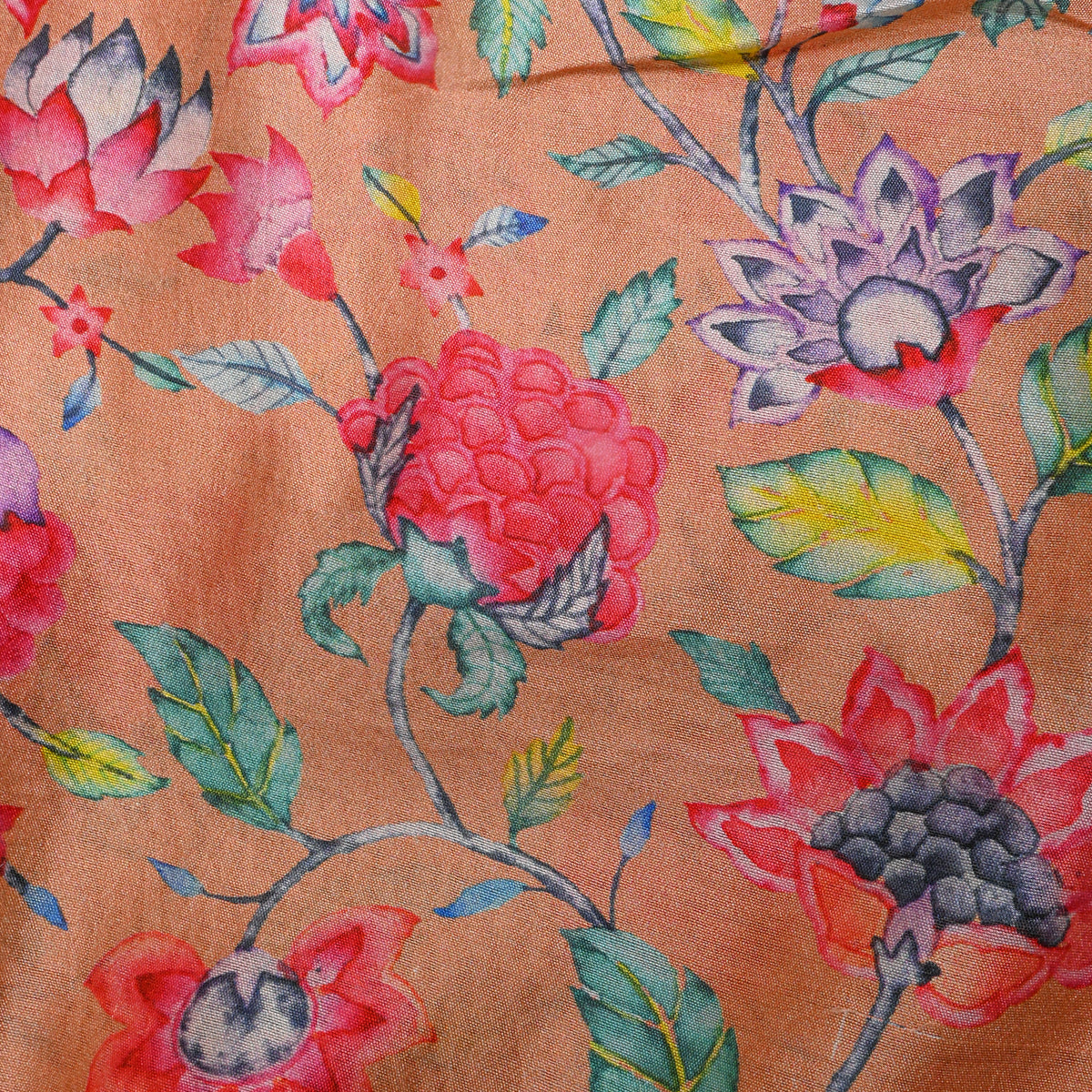 Apricot Peach Floral Jaal Print Silk Fabric