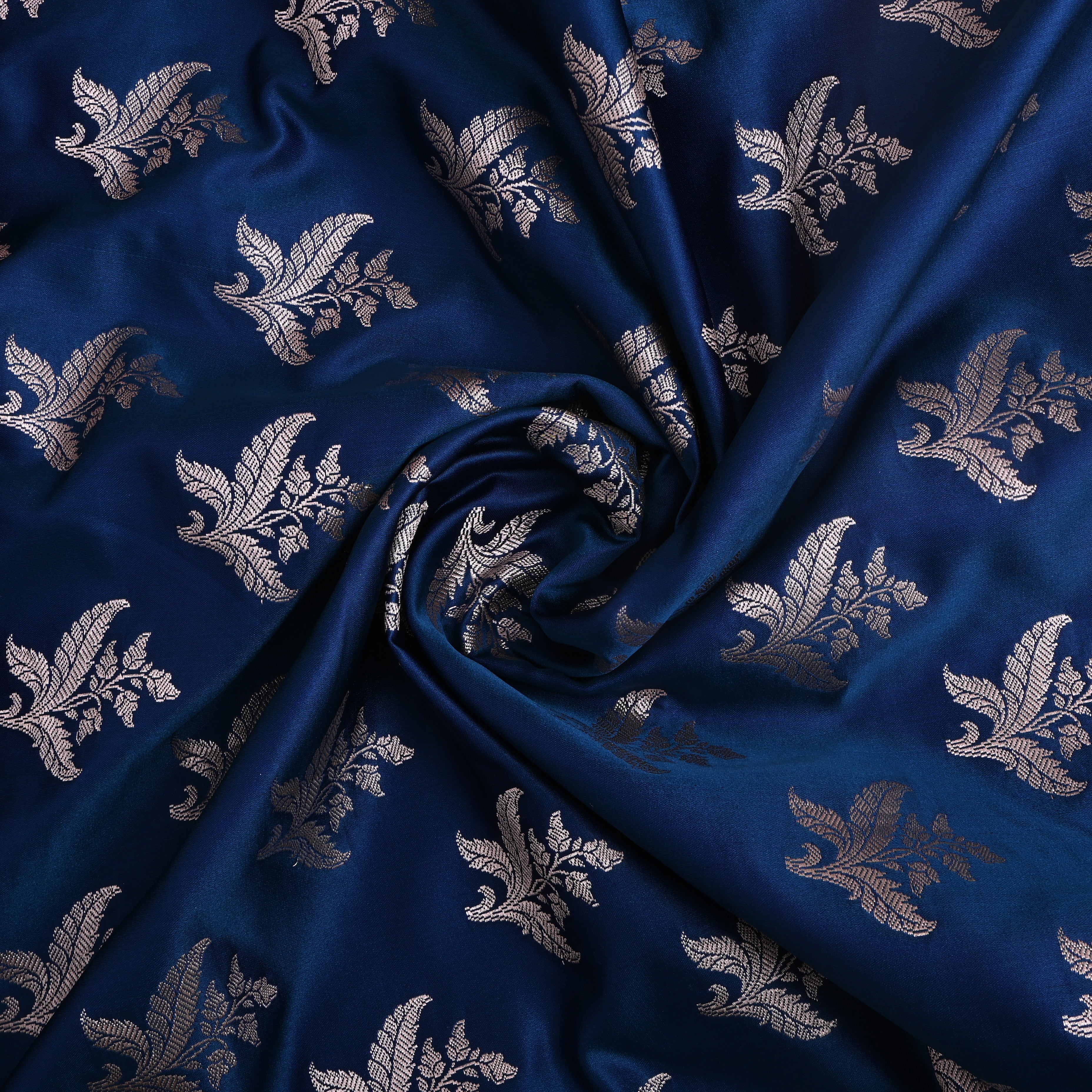 Cobalt Blue Floral Zari Satin Fabric