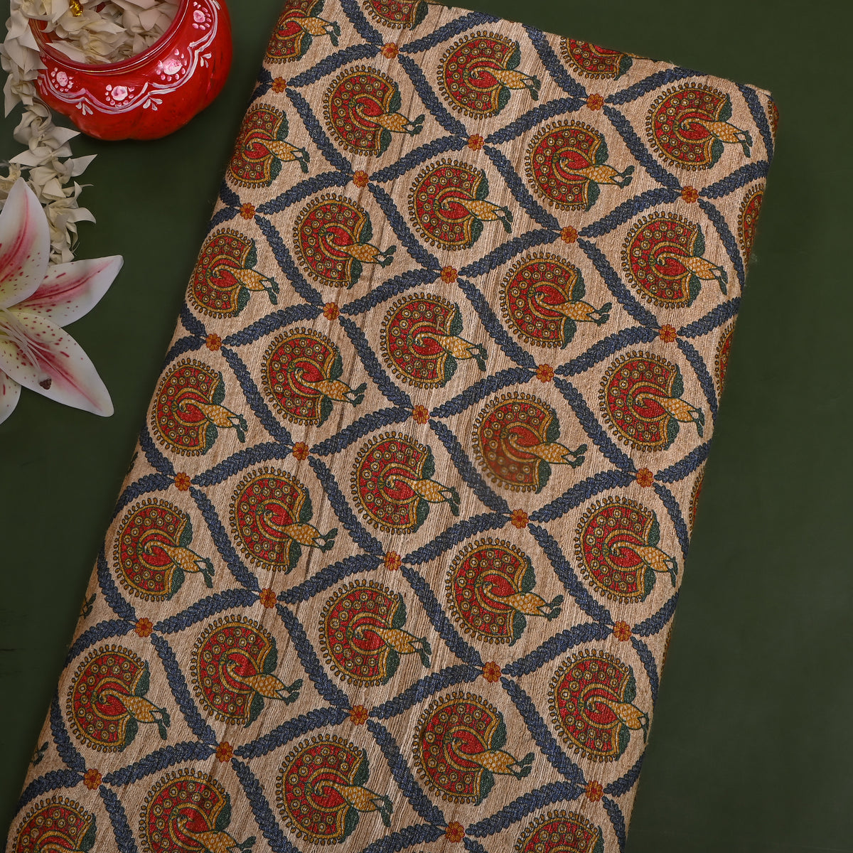 Sandstone Peacock Trellis Print Tussar Silk Fabric