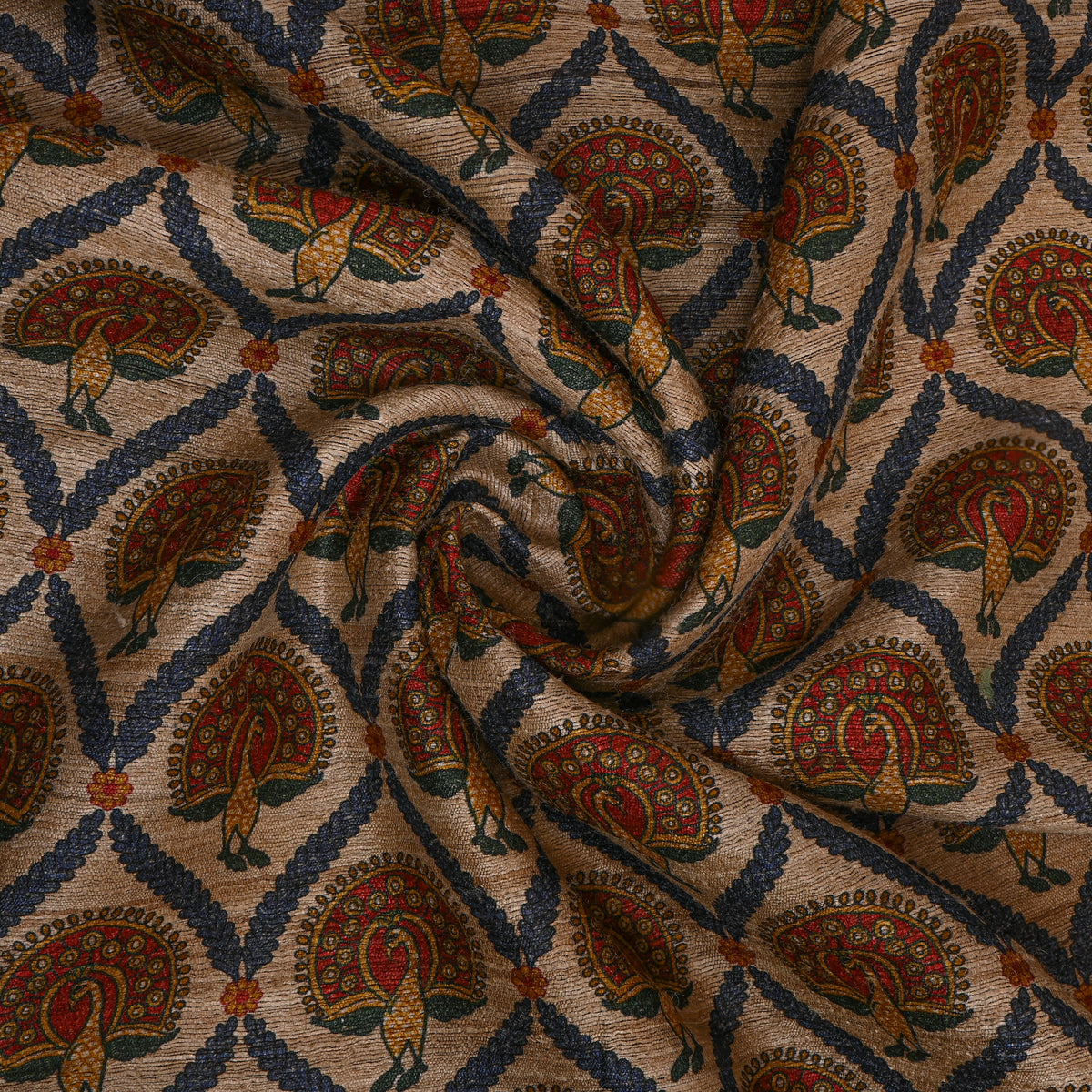 Sandstone Peacock Trellis Print Tussar Silk Fabric
