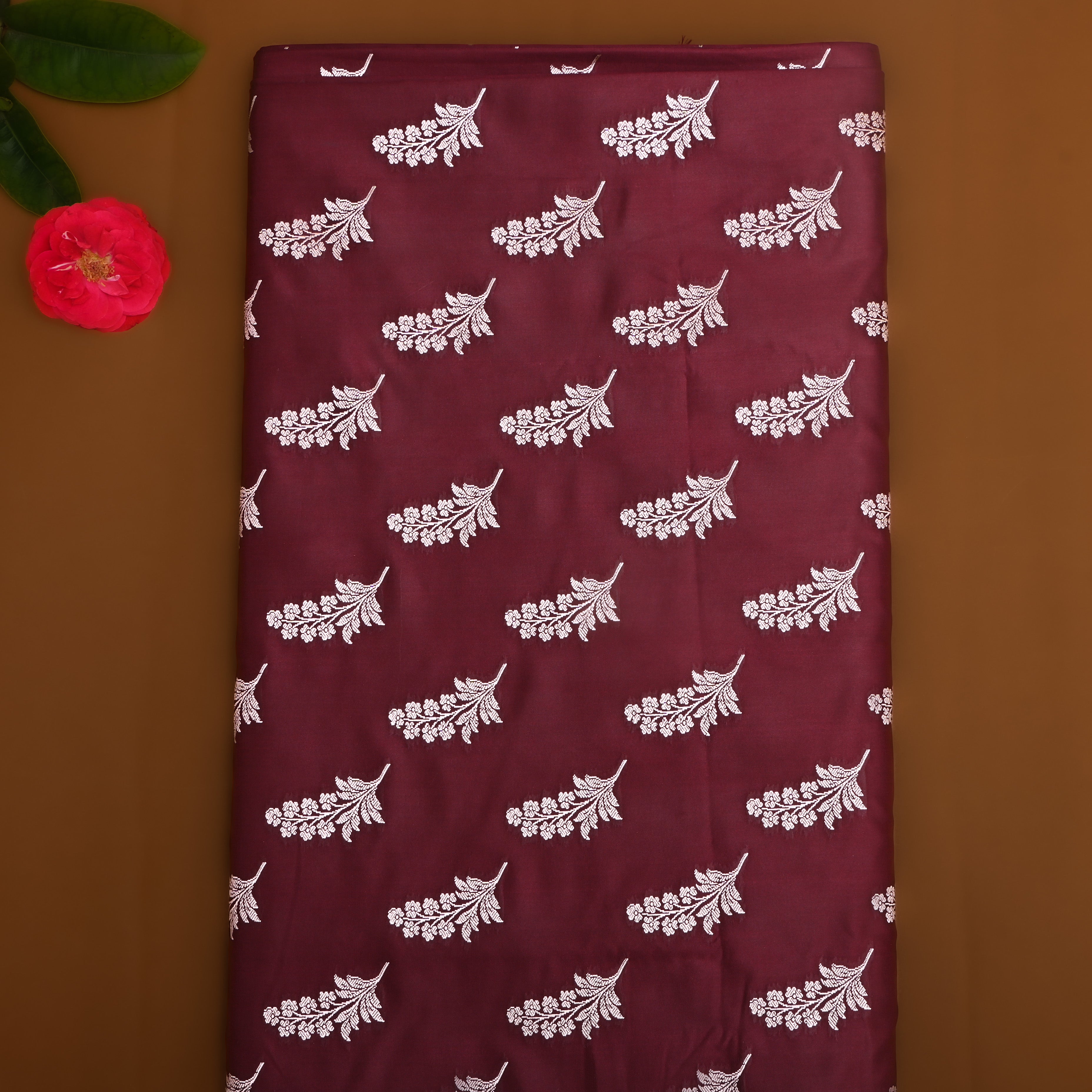 Brownish Maroon Floral Zari Satin Fabric
