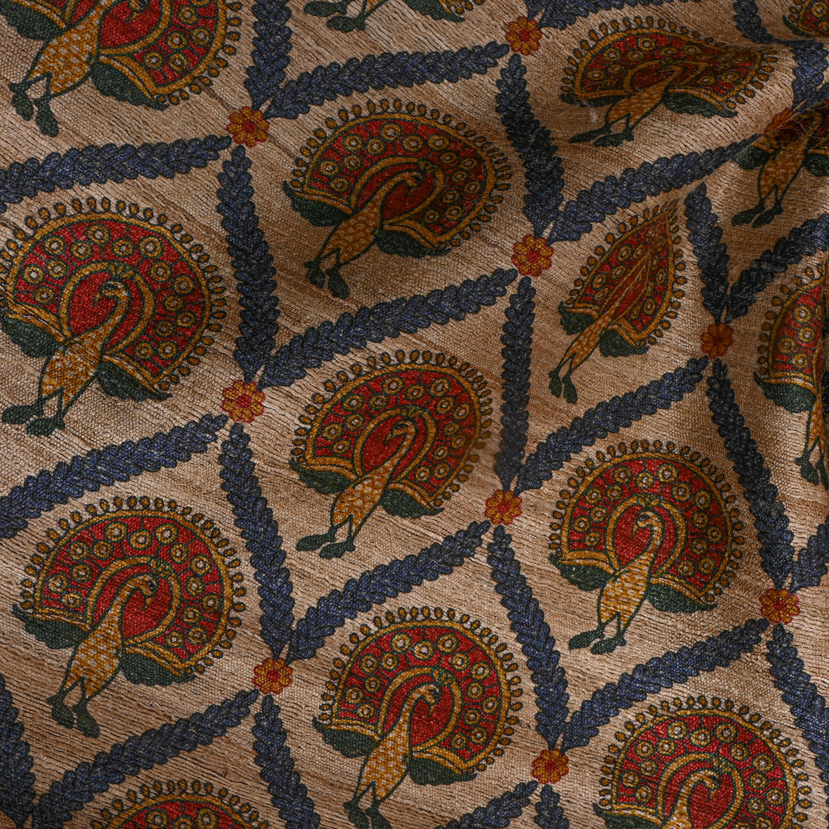 Sandstone Peacock Trellis Print Tussar Silk Fabric
