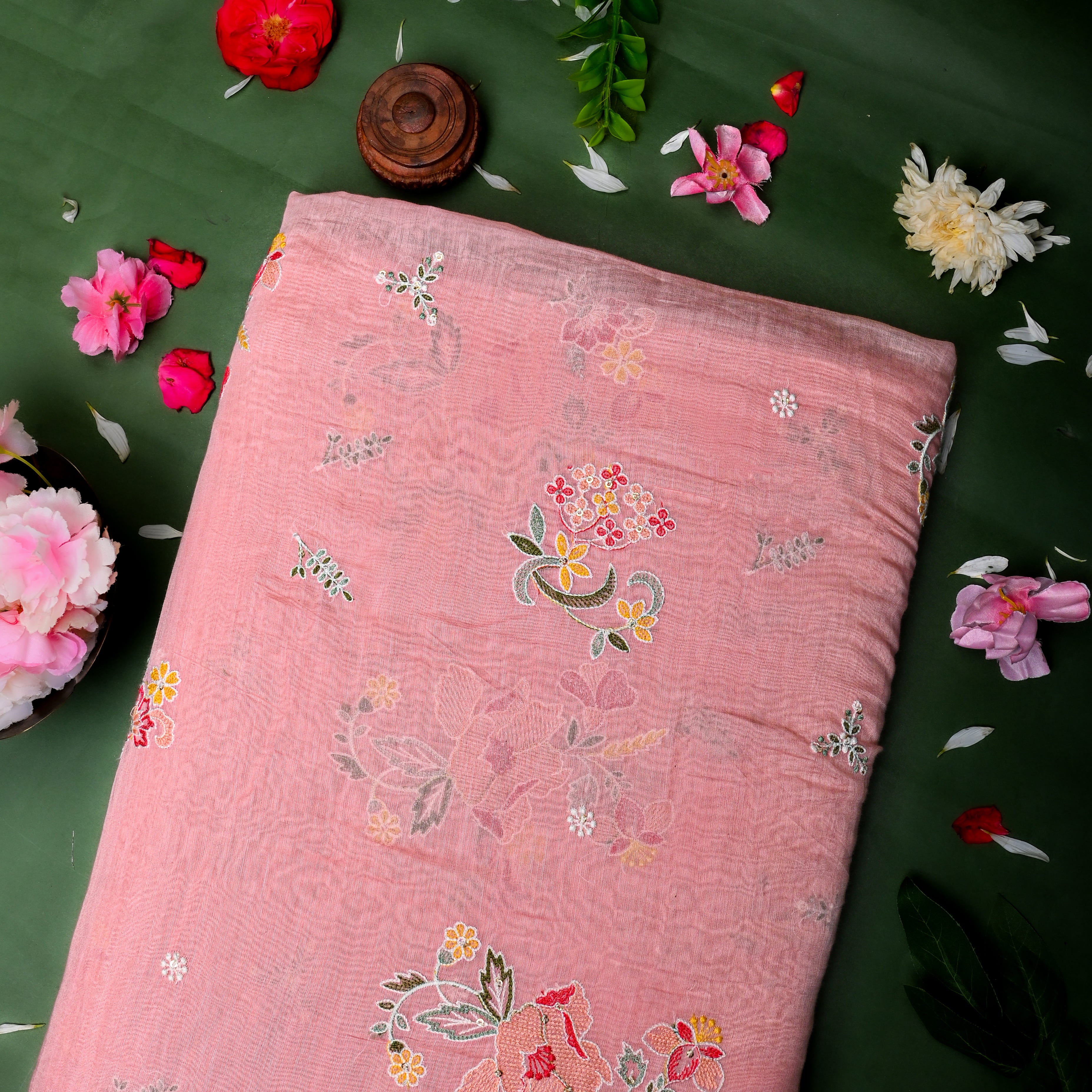 Lemonade Pink Chanderi Fabric With Embroidery