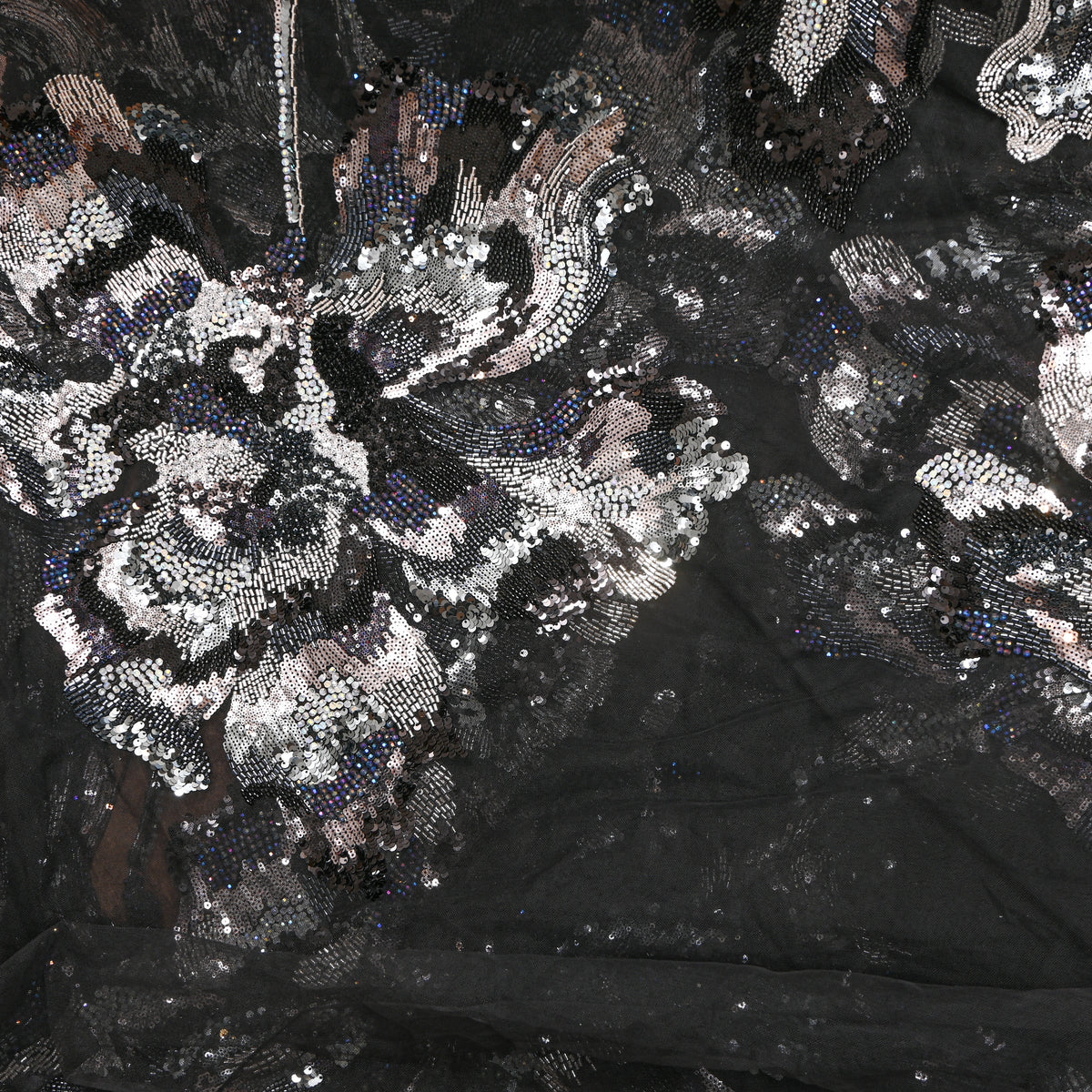 Jet Black Sequin Floral Net Fabric