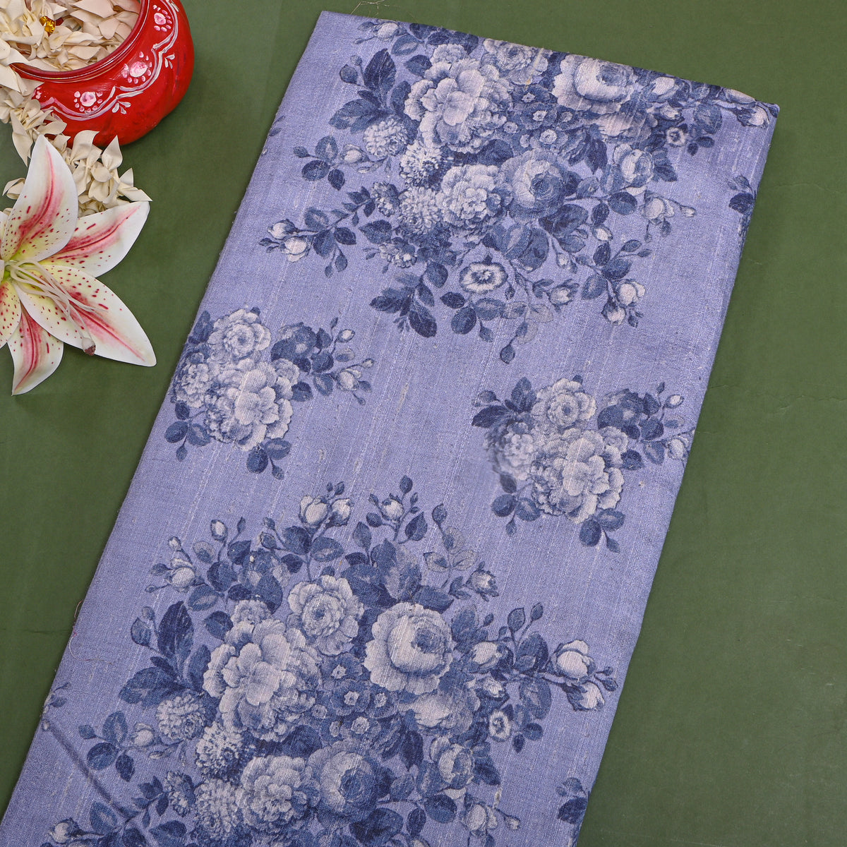 Periwinkle Blue Bunch Floral Digital Print Raw Silk Fabric