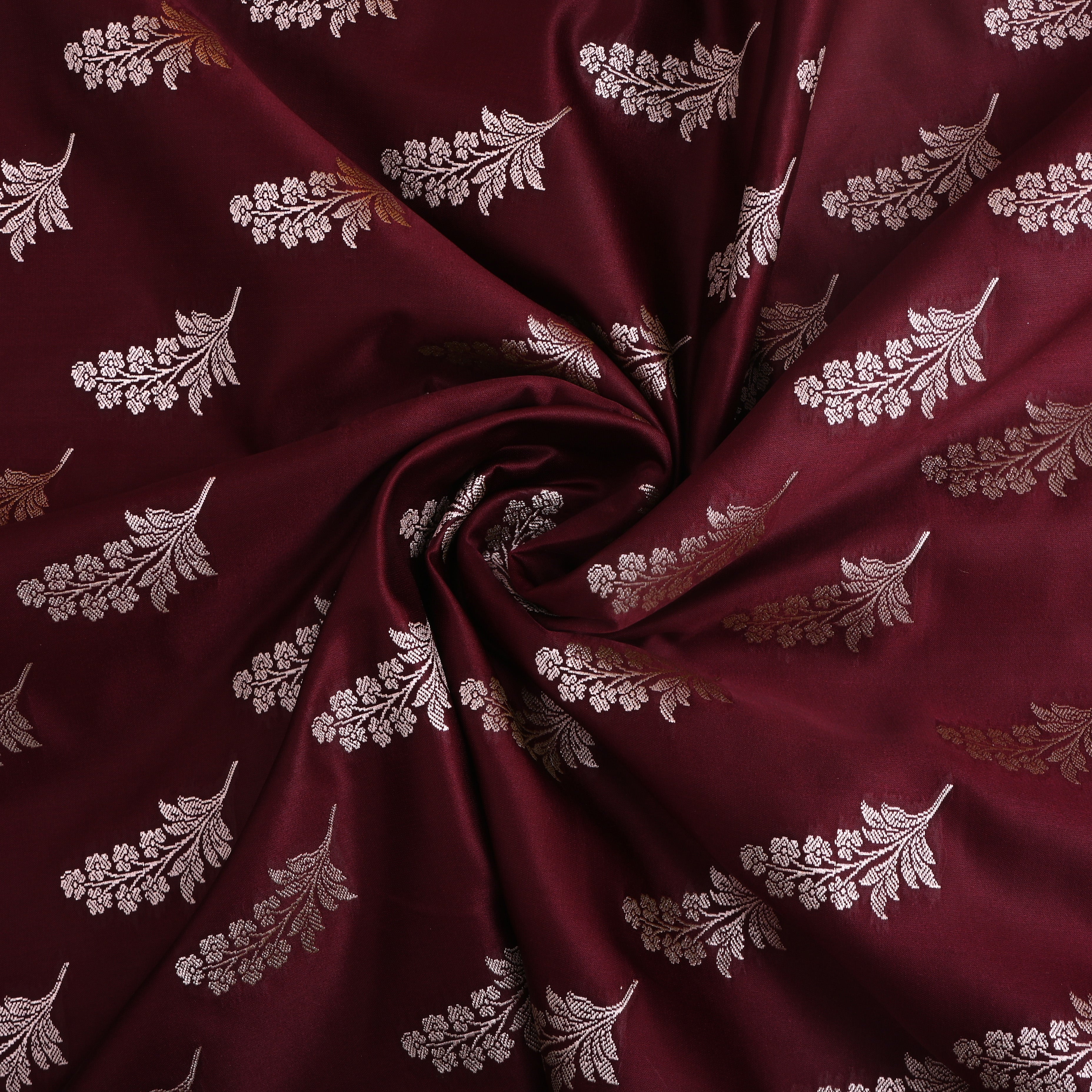 Brownish Maroon Floral Zari Satin Fabric