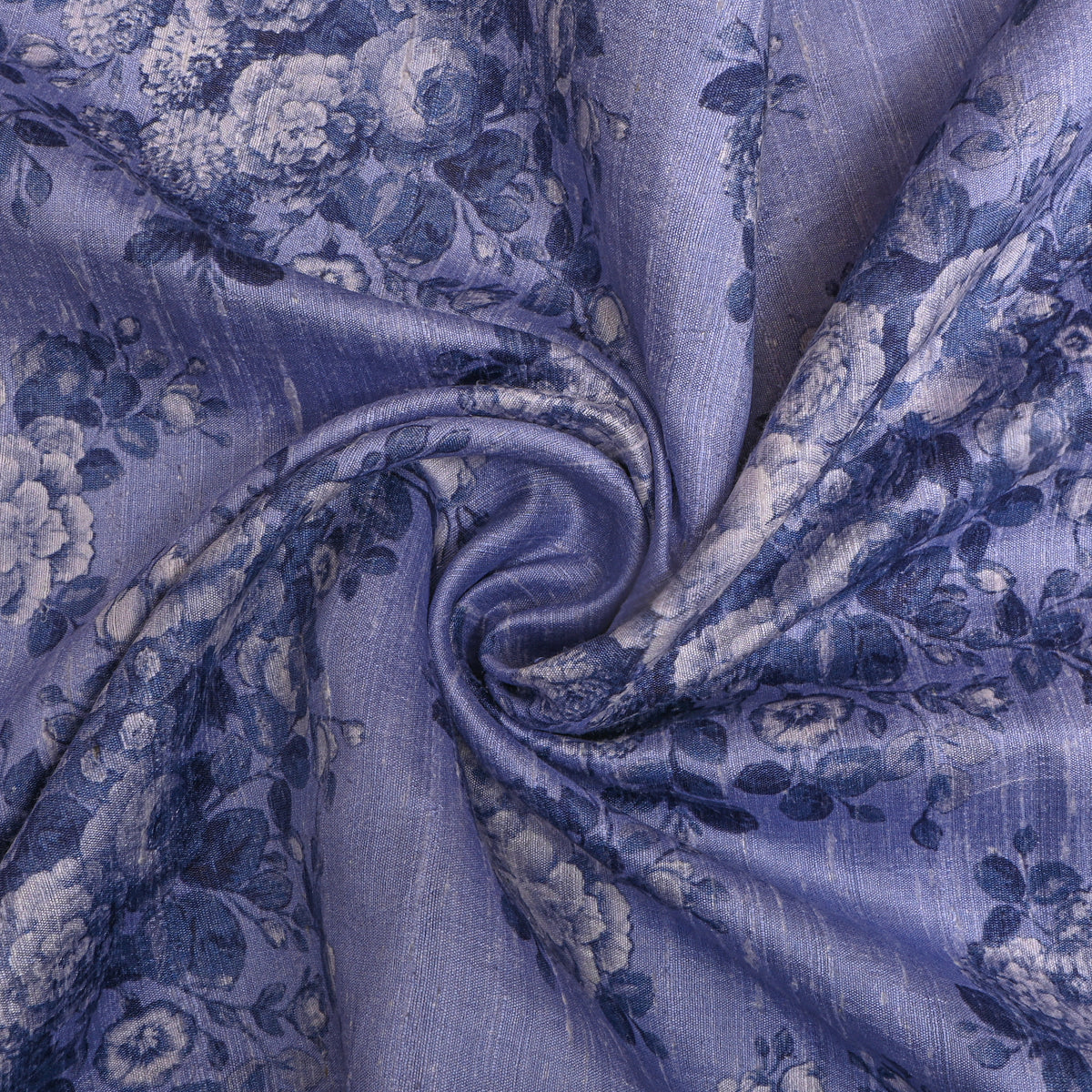 Periwinkle Blue Bunch Floral Digital Print Raw Silk Fabric