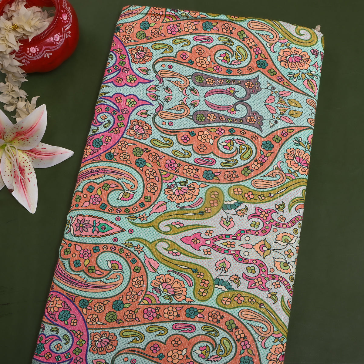 Sea Mist Paisley Medallion Print Raw Silk Fabric