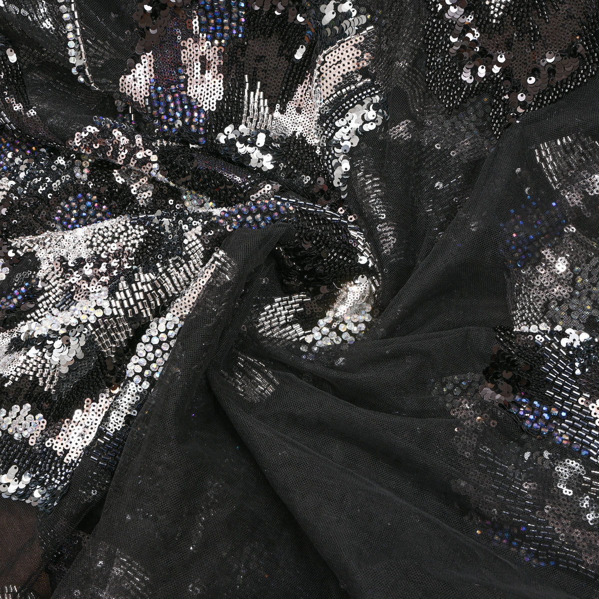 Jet Black Sequin Floral Net Fabric