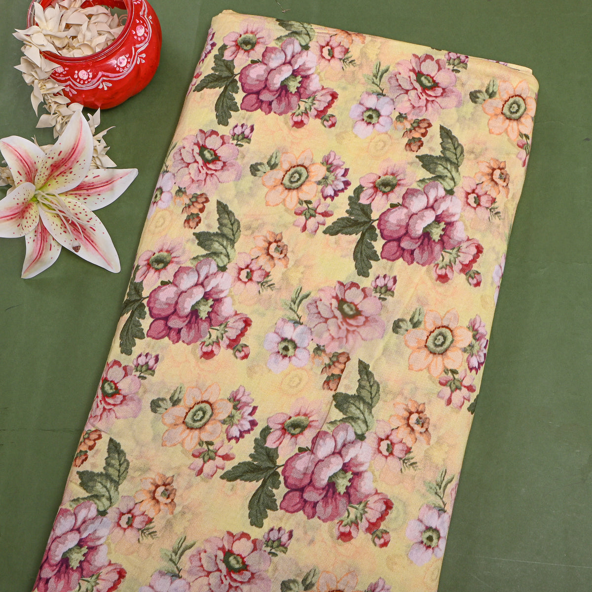Butter Yellow Floral Digital Printed Silk Fabric