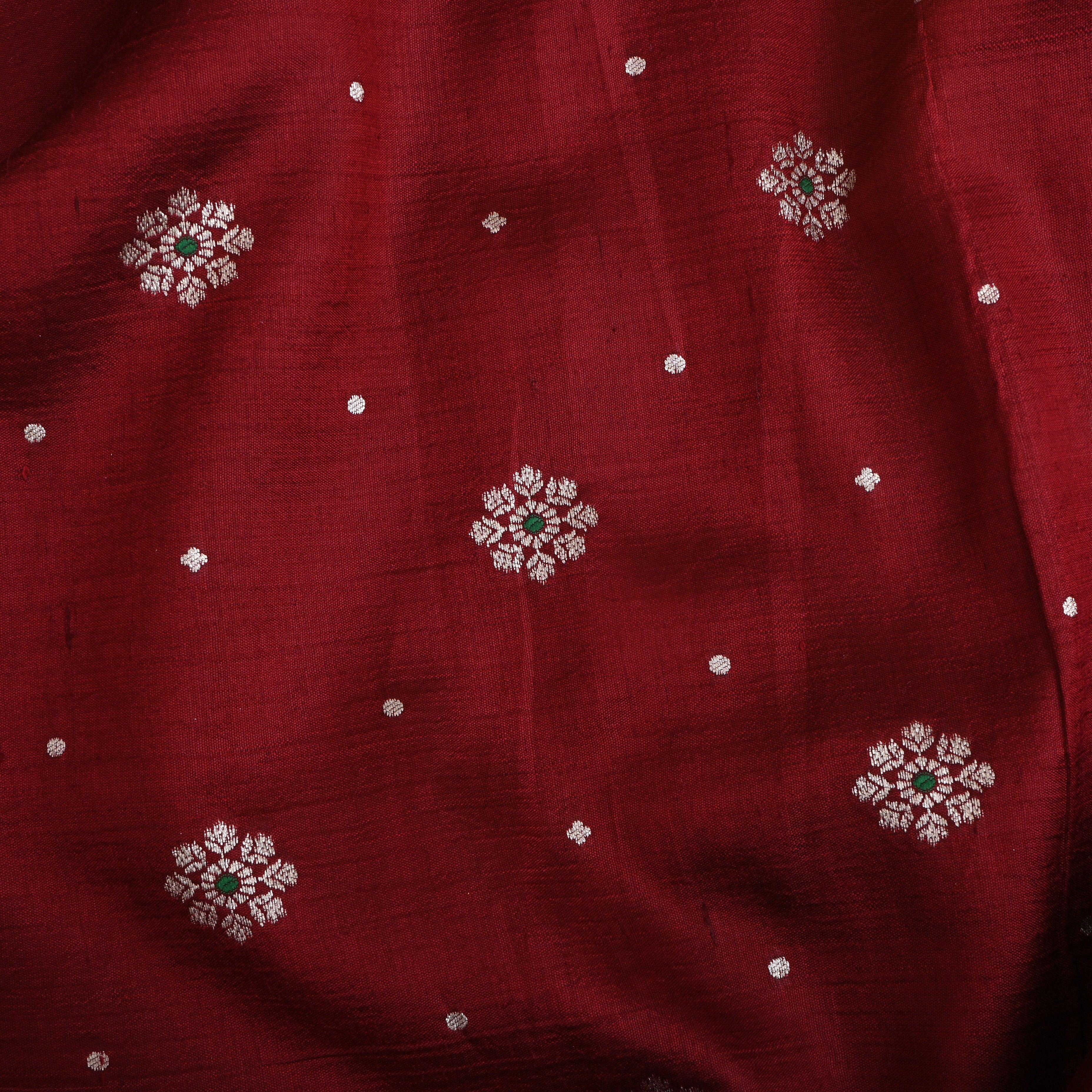 Dark Brick Red Floral Zari Silk Fabric