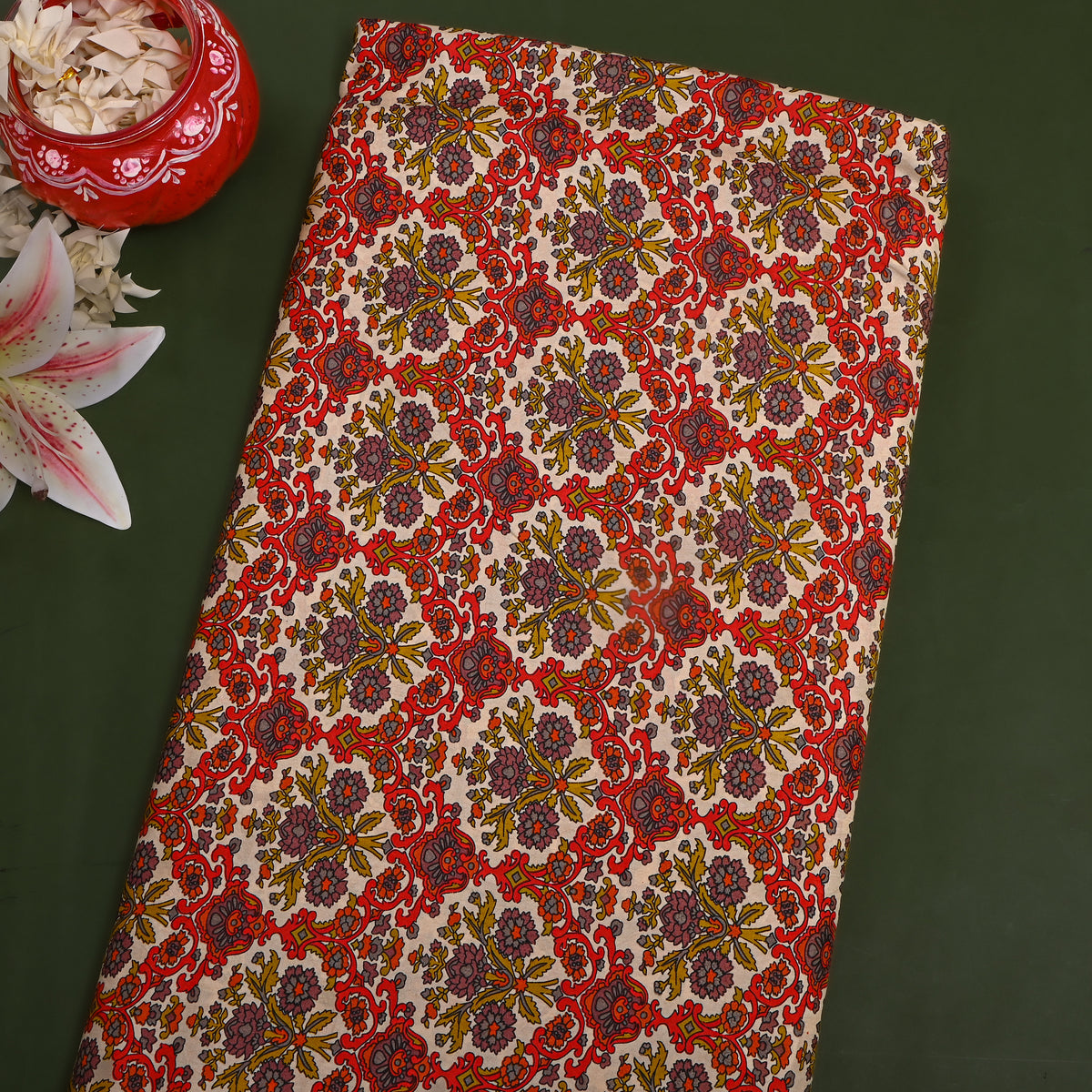 Cream And Orange Geometric Trellis Print Silk Fabric