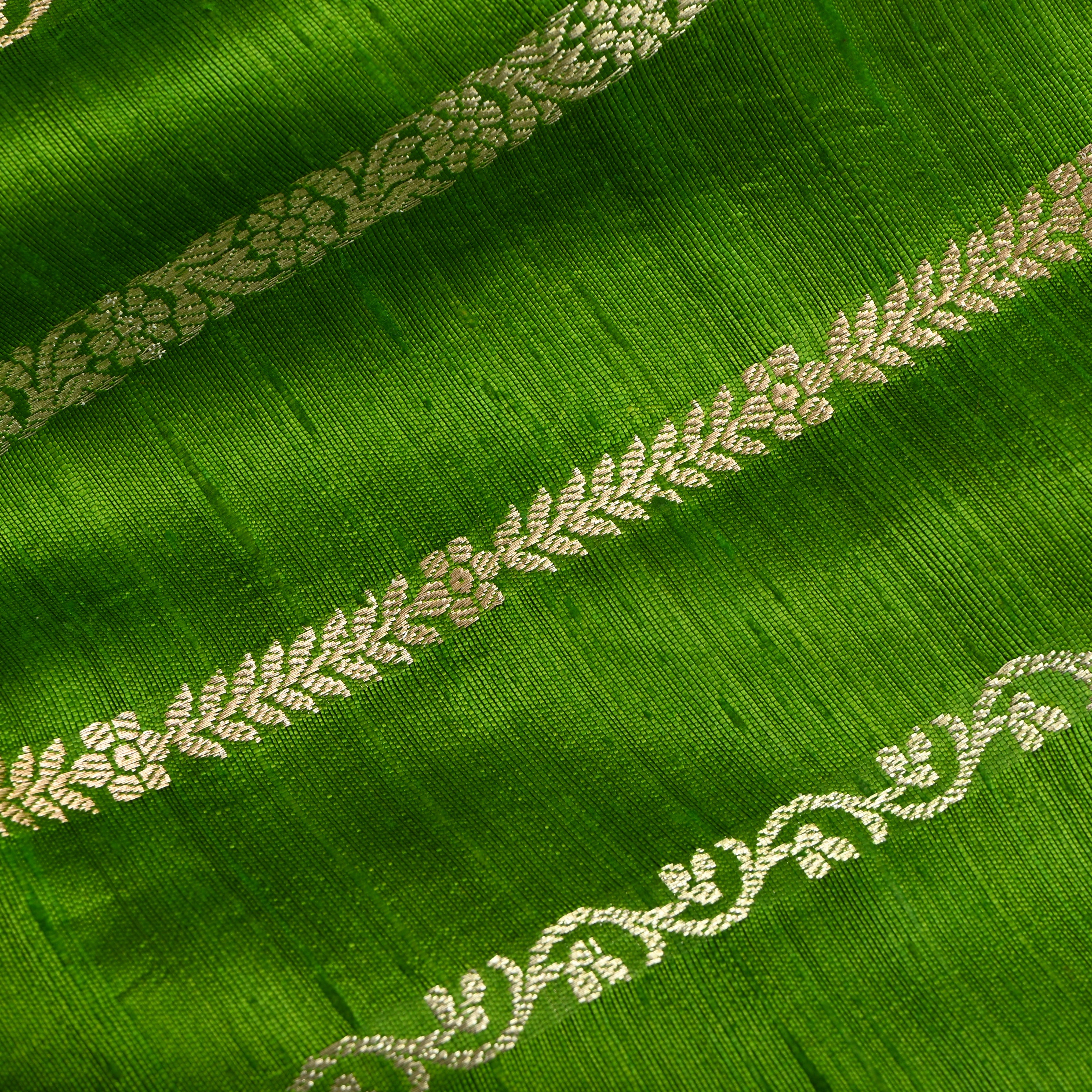 Bright Green Golden Zari Dupion Silk Fabric