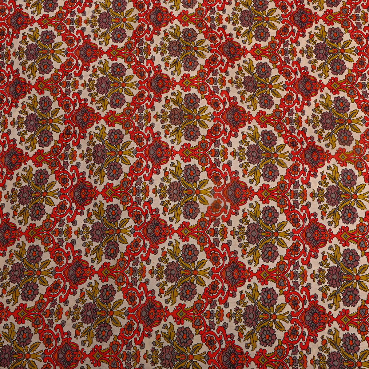 Cream And Orange Geometric Trellis Print Silk Fabric