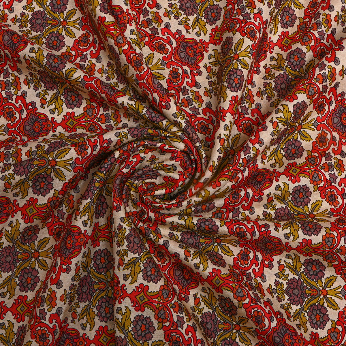 Cream And Orange Geometric Trellis Print Silk Fabric