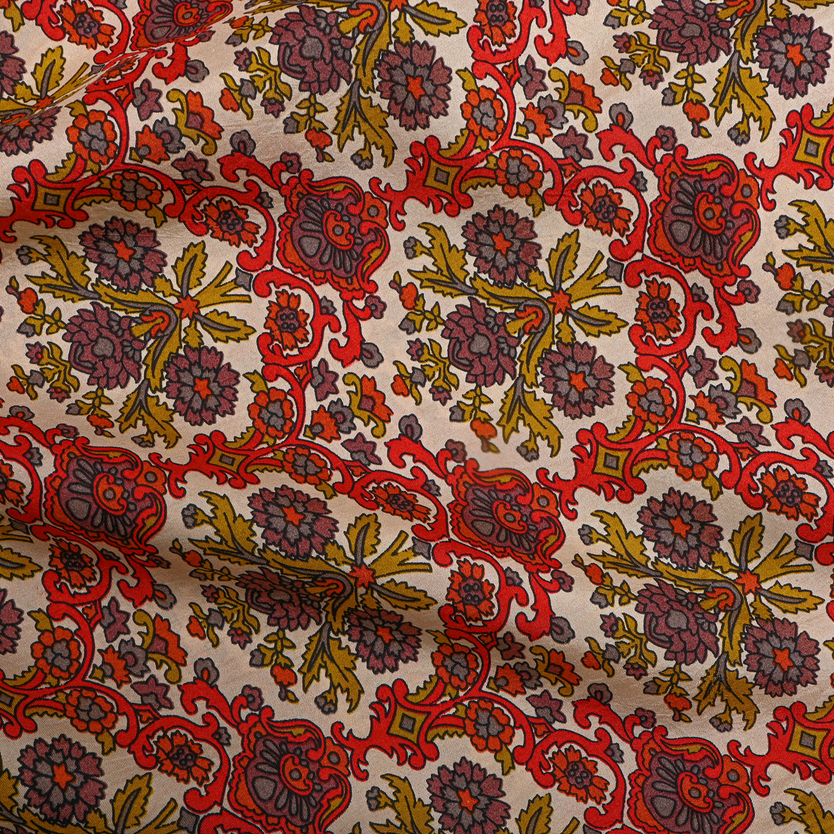 Cream And Orange Geometric Trellis Print Silk Fabric