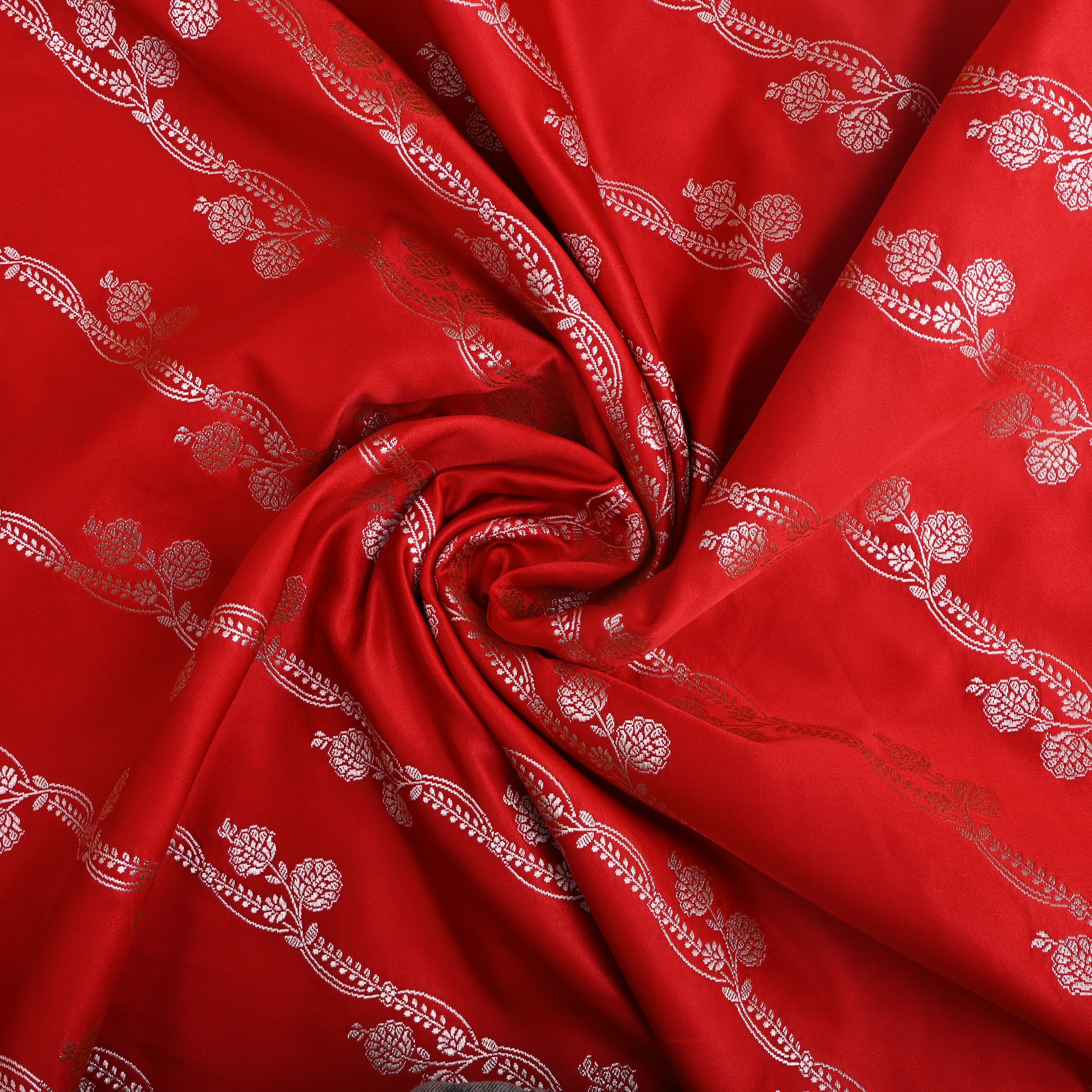 Bright Red Floral Bel Zari Satin Fabric
